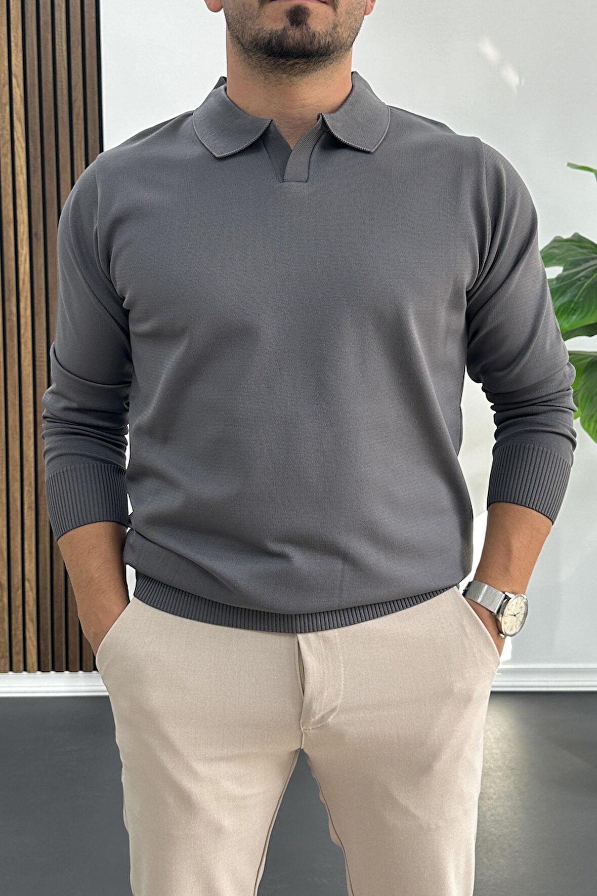 Erkek Açık Yaka Düz Desen Normal Kalıp Kazak Füme Edw423