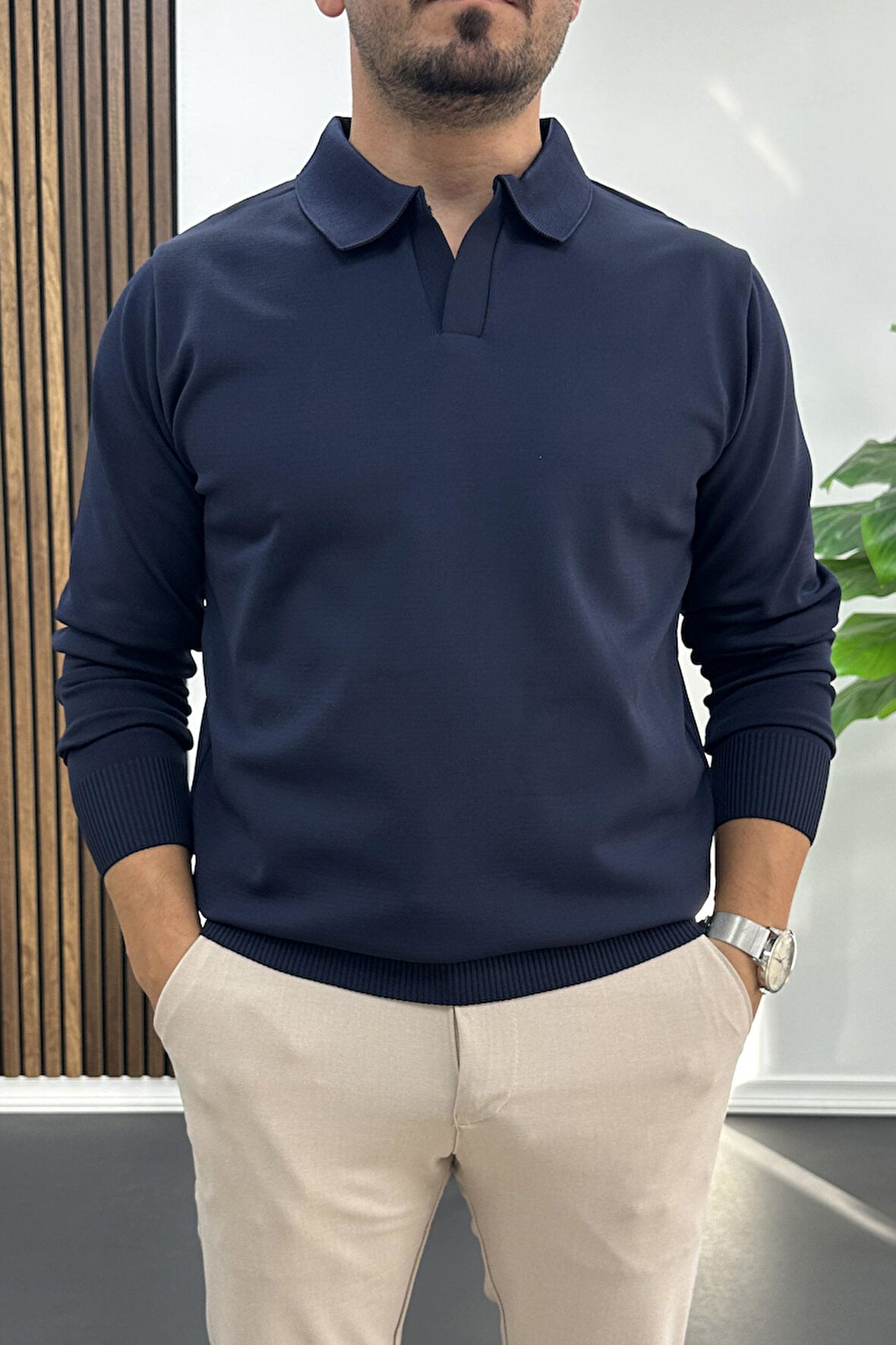 Erkek Açık Yaka Düz Desen Normal Kalıp Kazak Lacivert Edw423