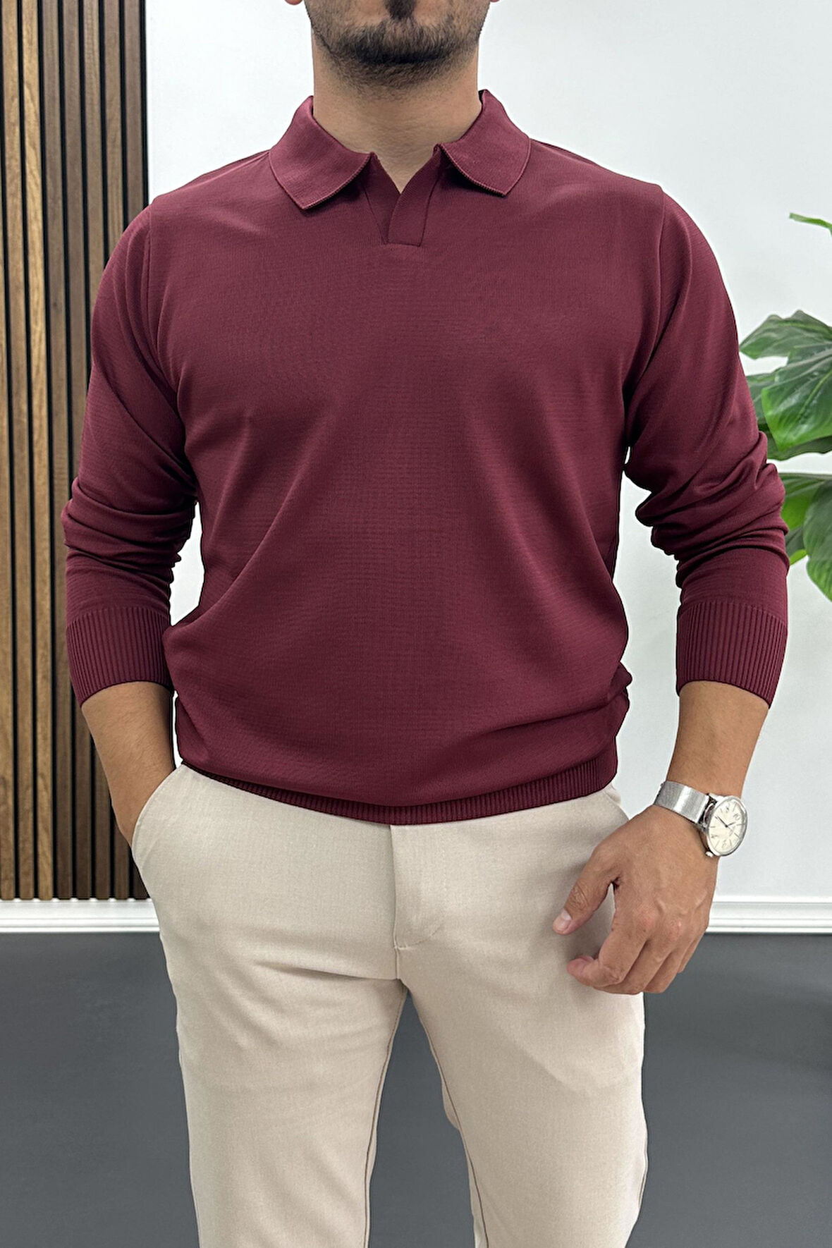 Erkek Açık Yaka Düz Desen Normal Kalıp Kazak Bordo Edw423