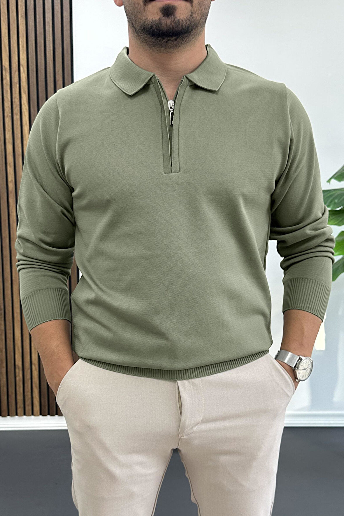 Erkek Yarım Fermuarlı Düz Desen Polo Yaka Kazak Haki Edw424