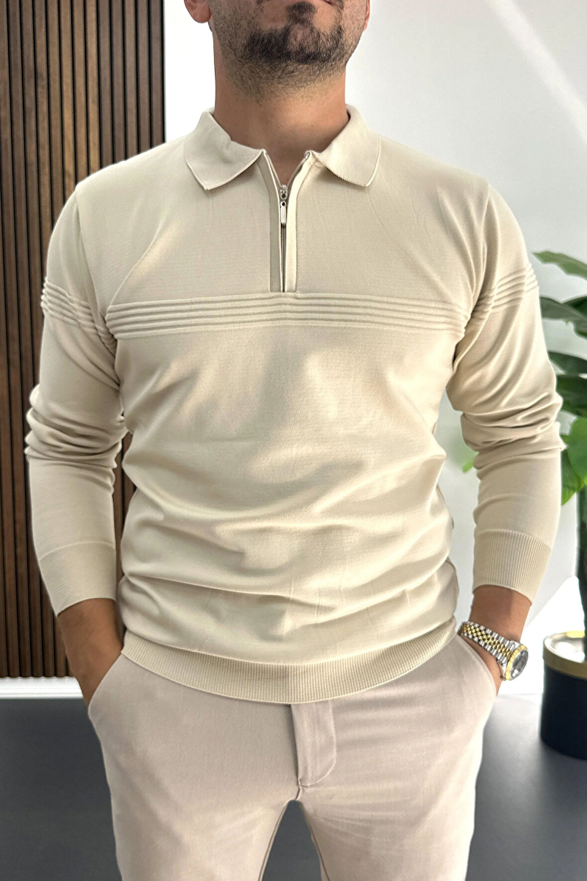 Erkek Slim Fit Çizgi Detaylı Polo Yaka Kazak Krem Edw427