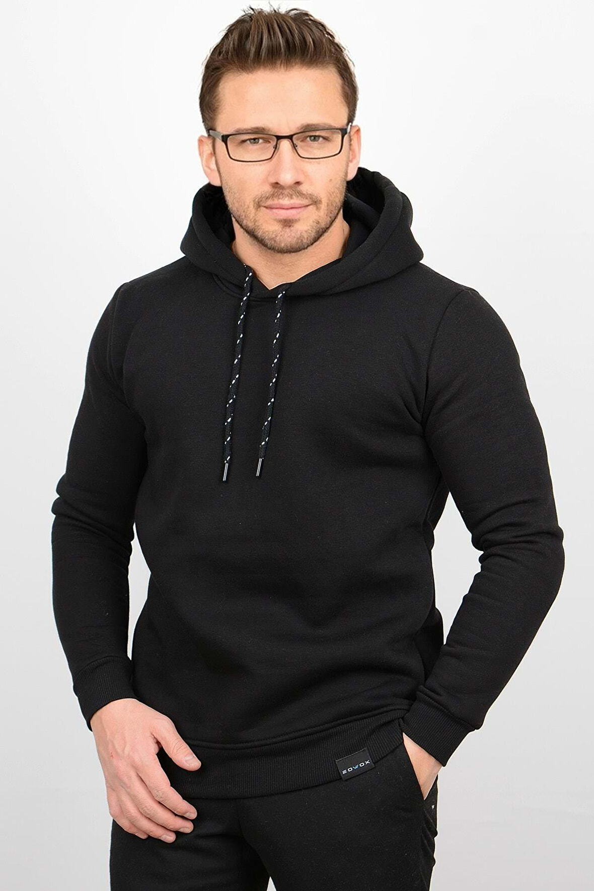 Üç Iplik Şardonlu Pamuklu Kapüşonlu Sweatshirt Siyah CZN02