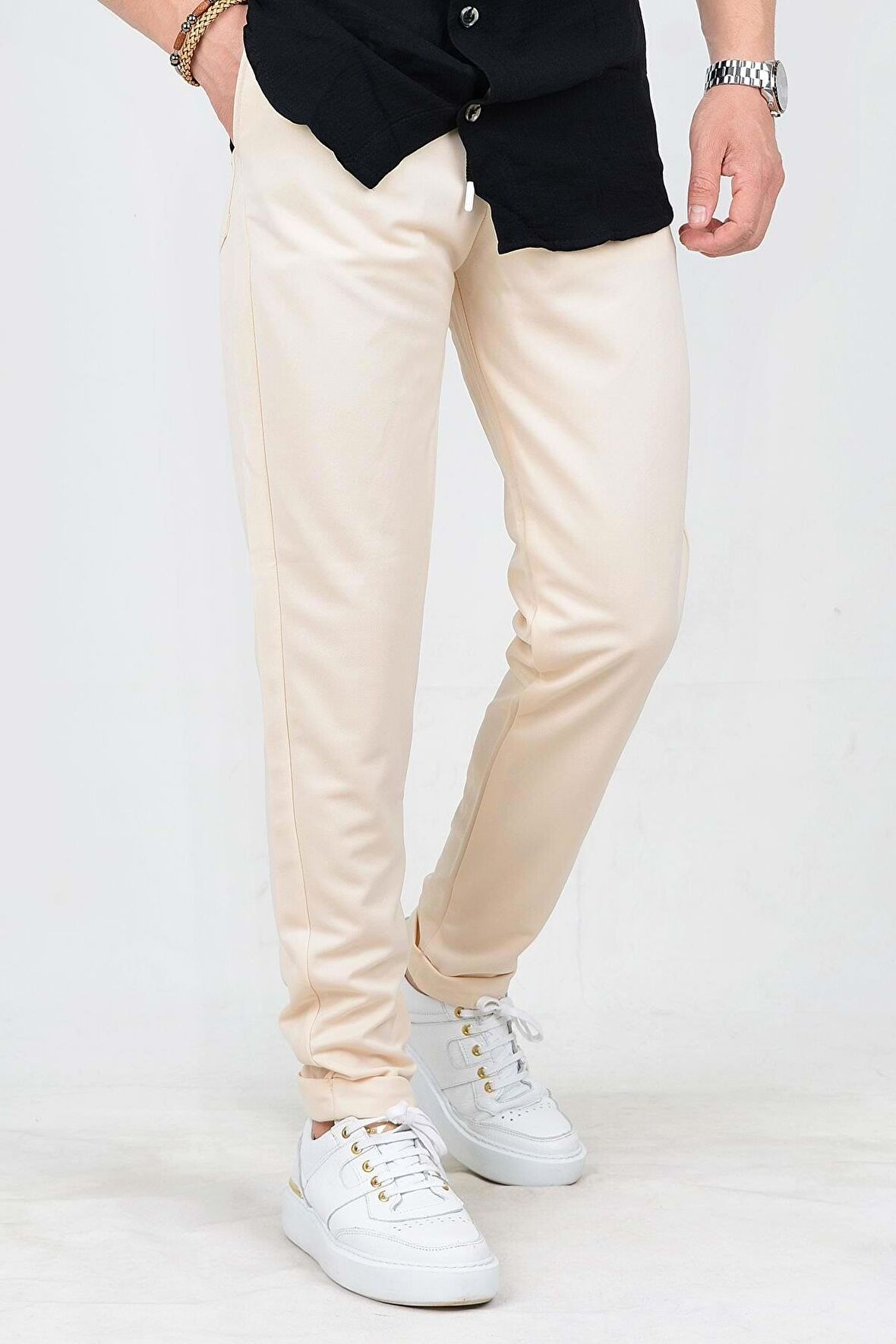 Erkek Beli Lastikli Slim Fit Double Paça Jogger Pantolon Bej PNT02