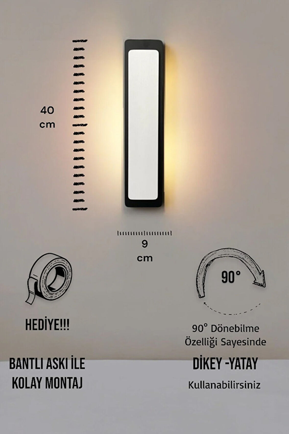 Ahşap Pilli Aplik Duvar Aydınlatması (SİYAH - BEYAZ) Günışığı - 1 Adet