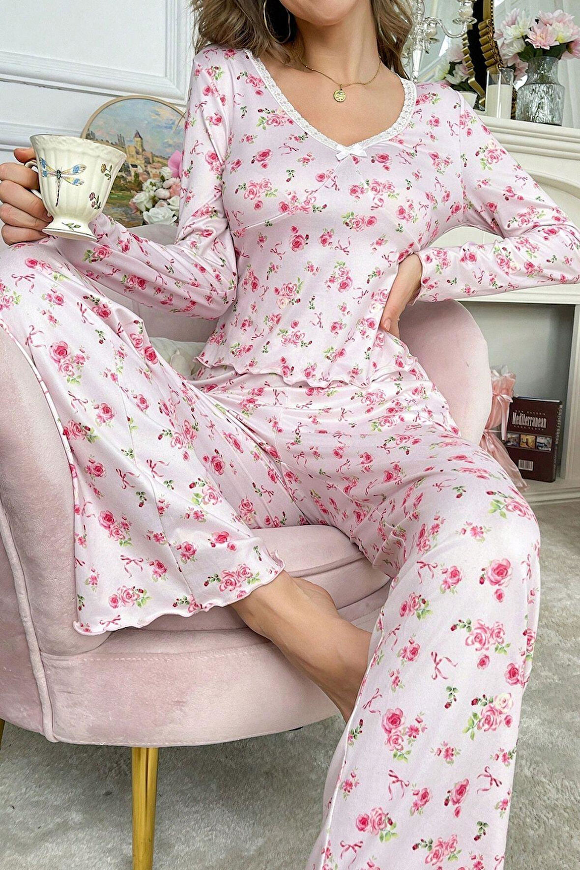Pembe Çiçek Baskılı Pamuklu Pijama Takımı 7301