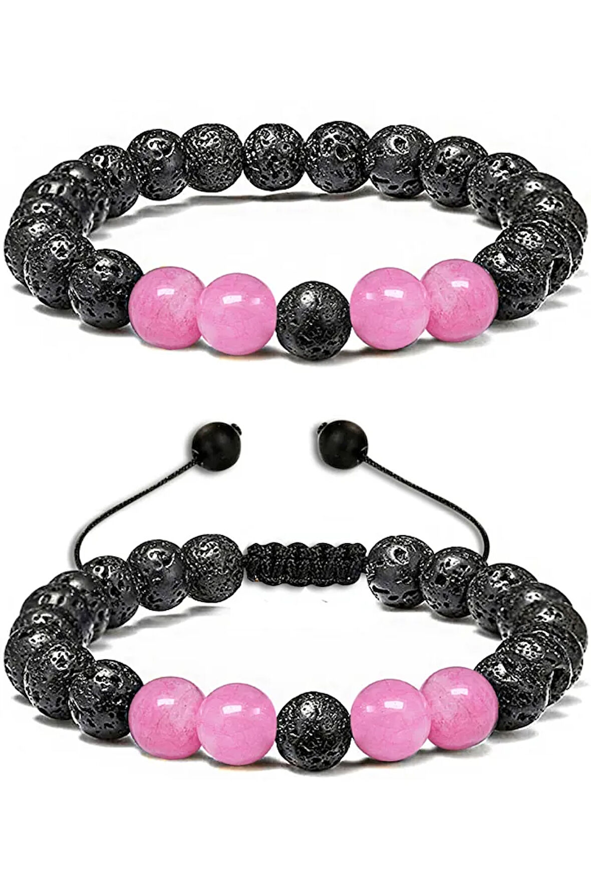 Sertifikalı Doğal Pembe Kuvars Volkanik Lav Taşı Doğal Taş Bileklik Seti