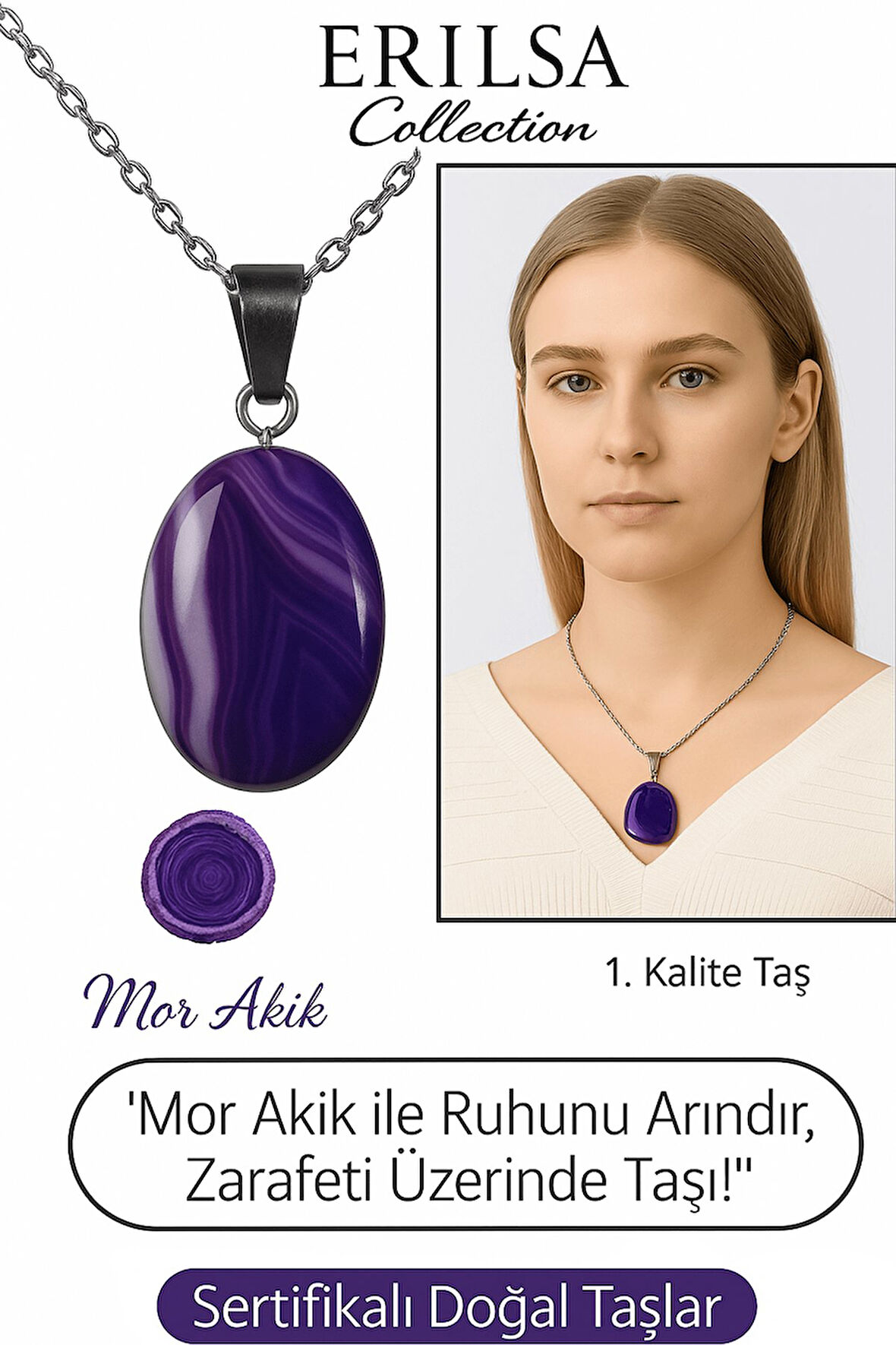 Sertifikalı Oval Mor Akik Taşı Kolye – Gümüş Aparatlı Doğal Şifa ve Zarafet