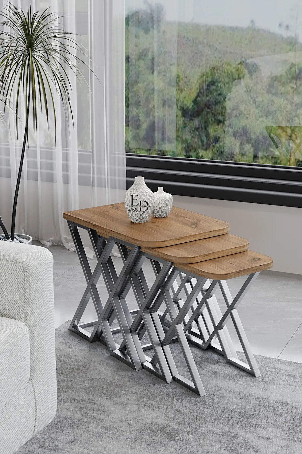 Milano 3'lü Zigon Sehpa Takımı Gümüş Metal - Atlantik Çam Tabla