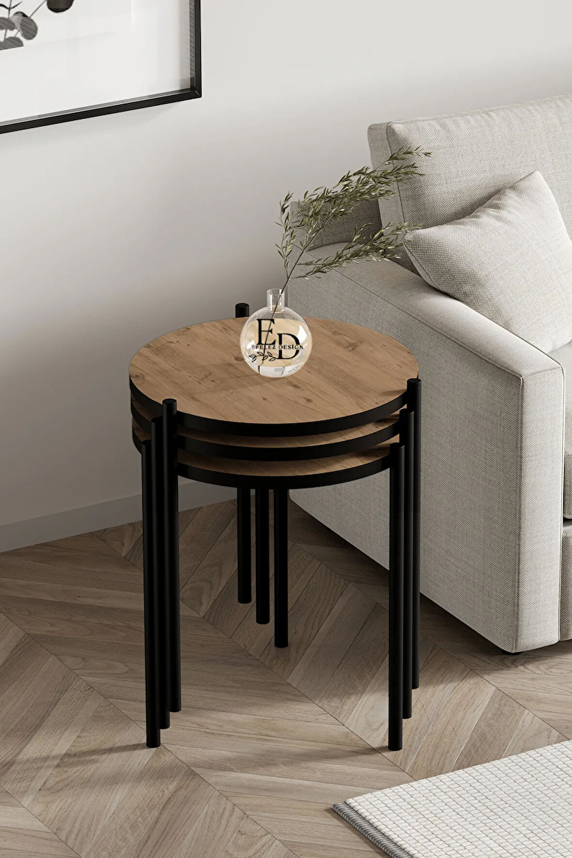 Nice 3'lü Zigon Sehpa Takımı Siyah Metal - Atlantik Çam Tabla