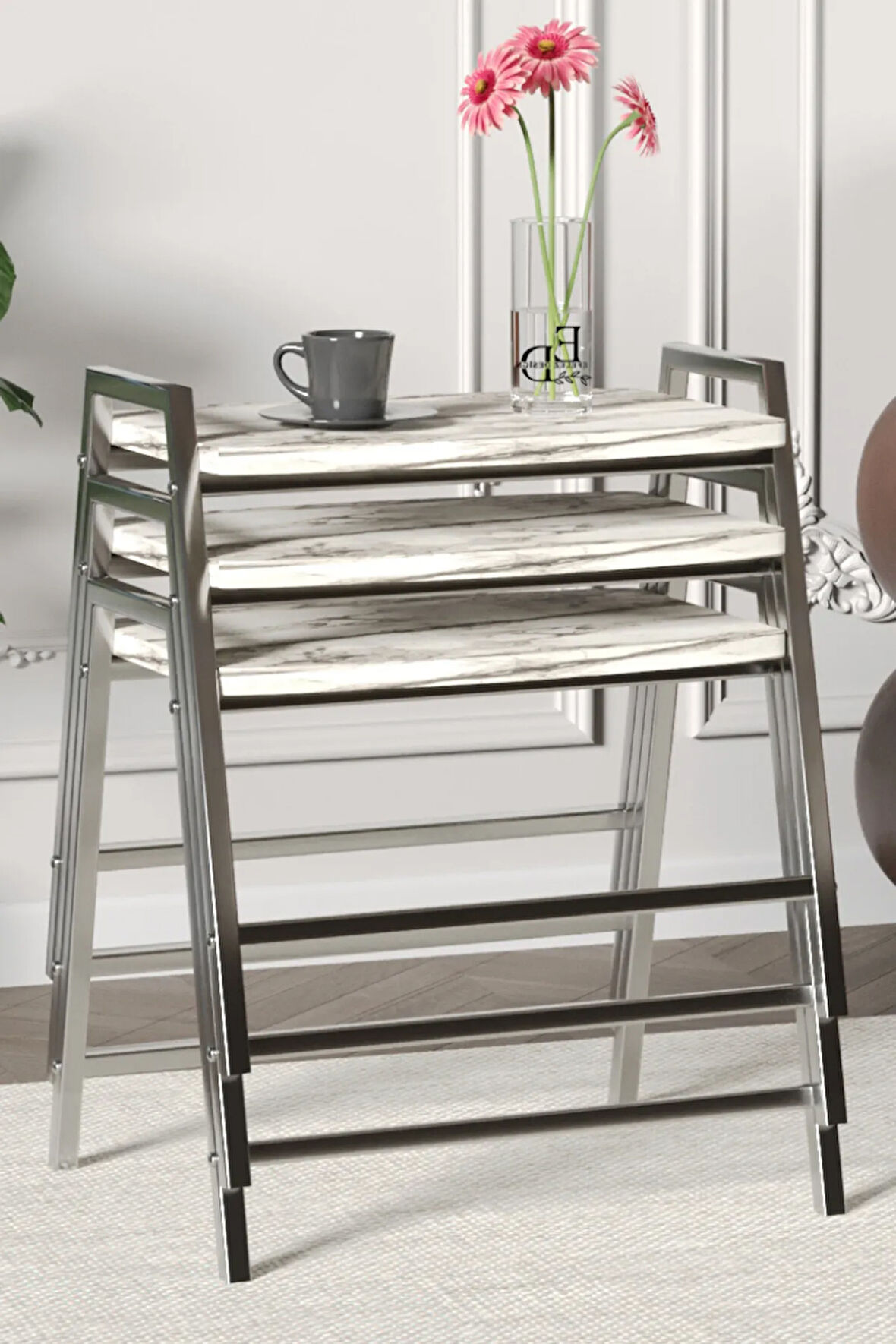 Zigon Sehpa , Aden 3'lü Tepsi Zigon Sehpa Takımı Gümüş Metal - Beyaz Mermer Tabla