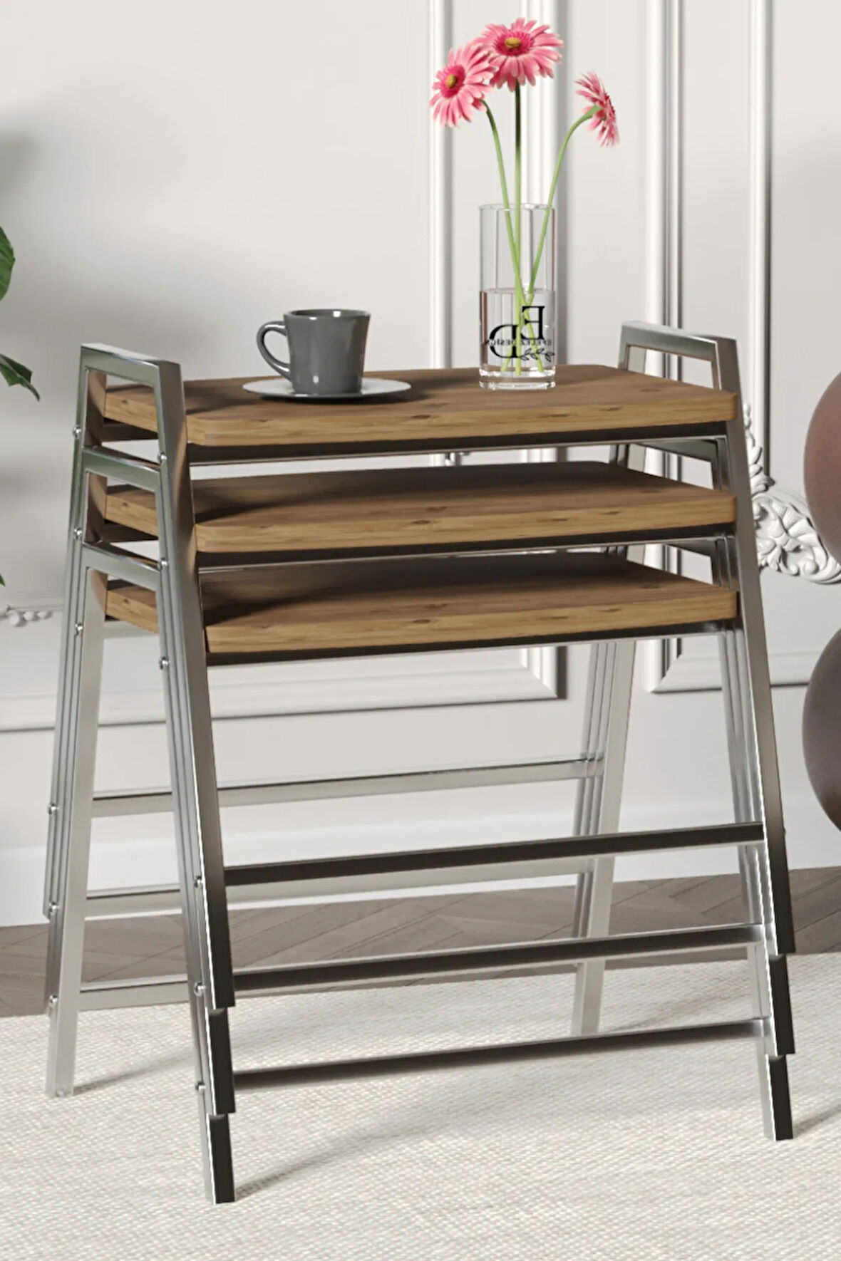 Zigon Sehpa , Aden 3'lü Tepsi Zigon Sehpa Takımı Gümüş Metal - Atlantik Çam Tabla