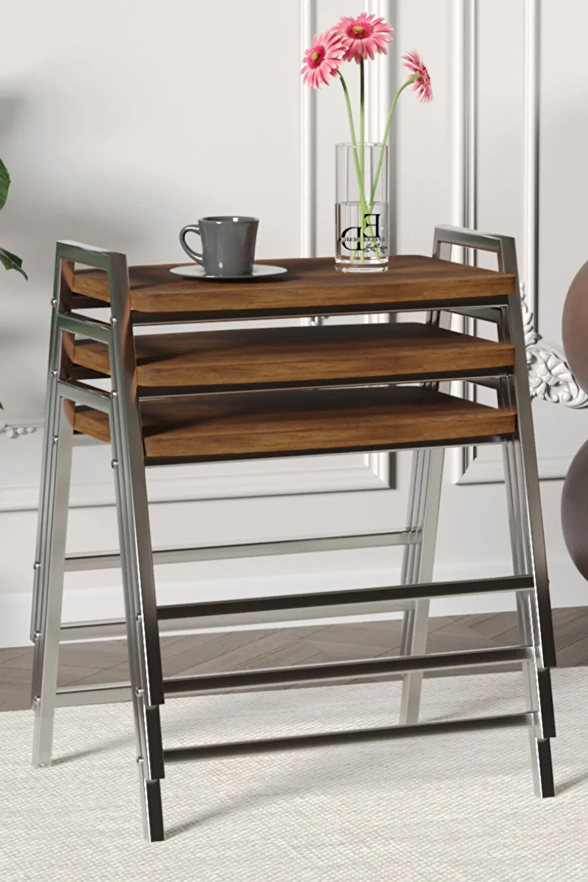 Zigon Sehpa , Aden 3'lü Tepsi Zigon Sehpa Takımı Gümüş Metal - Barok Tabla