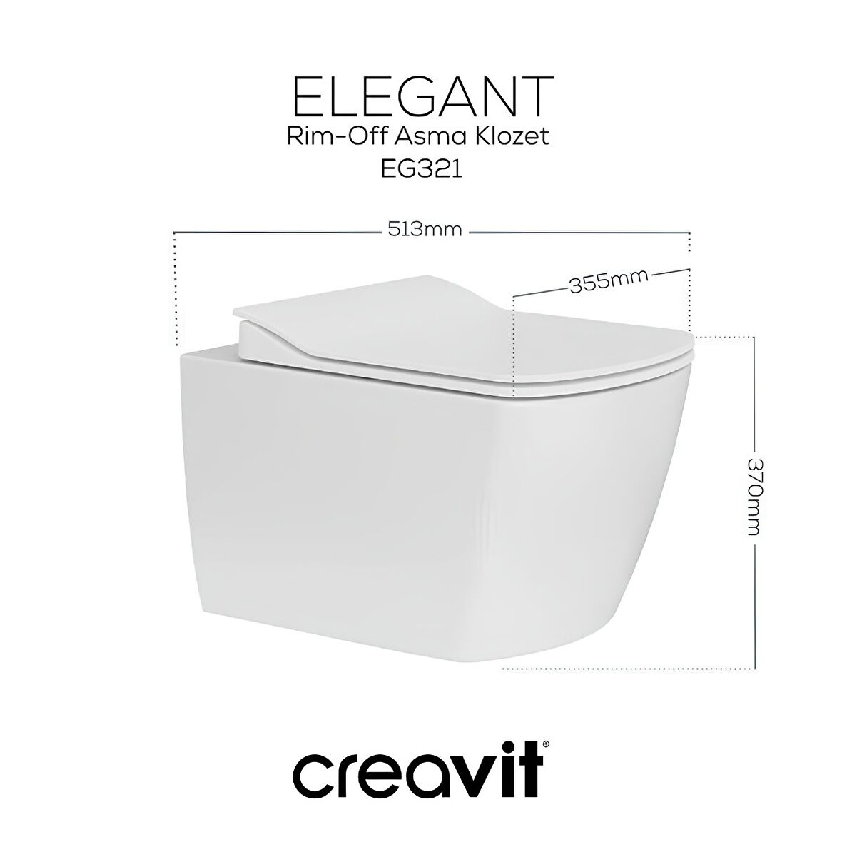 Creavit Elegant Beyaz Kanalsız Asma Klozet EG321, Creavit Elegant Duroplast Yavaş Kapak