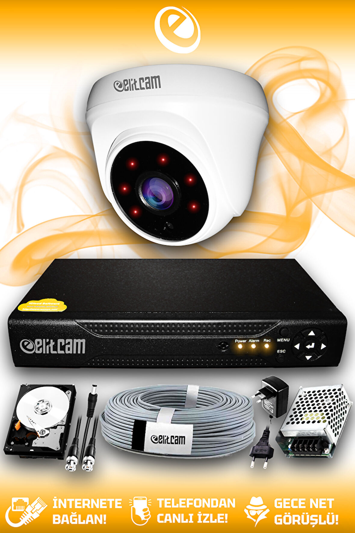 ELITCAM 1 Kameralı Dome 1 İç Kamera Set 500 GB HDD Full HD Gece Görüşlü Güvenlik Kamerası Sistemi