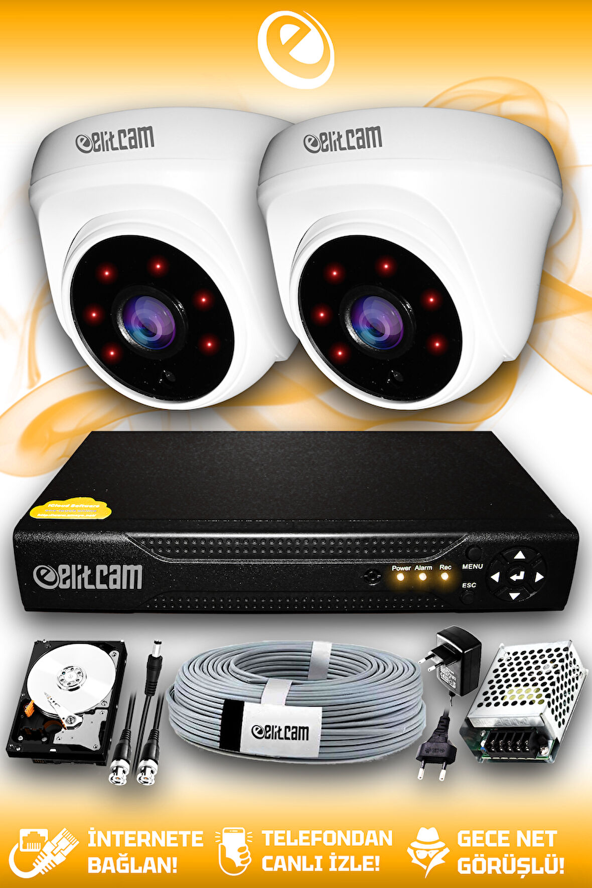 ELITCAM 2 Kameralı Dome 2 İç Kamera Set 1 TB HDD Full HD Gece Görüşlü Güvenlik Kamerası Sistemi