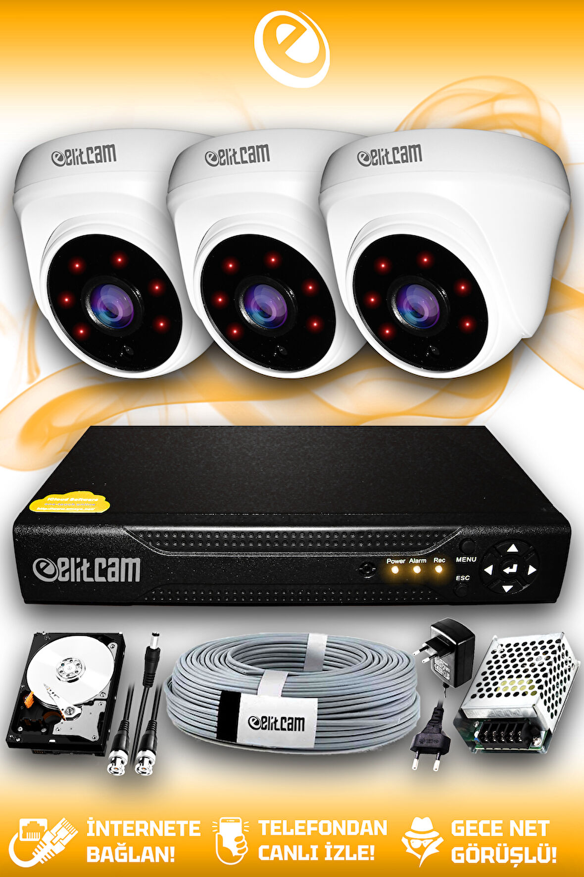 ELITCAM 3 Kameralı Dome 3 İç Kamera Set 100 GB HDD Full HD Gece Görüşlü Güvenlik Kamerası Sistemi