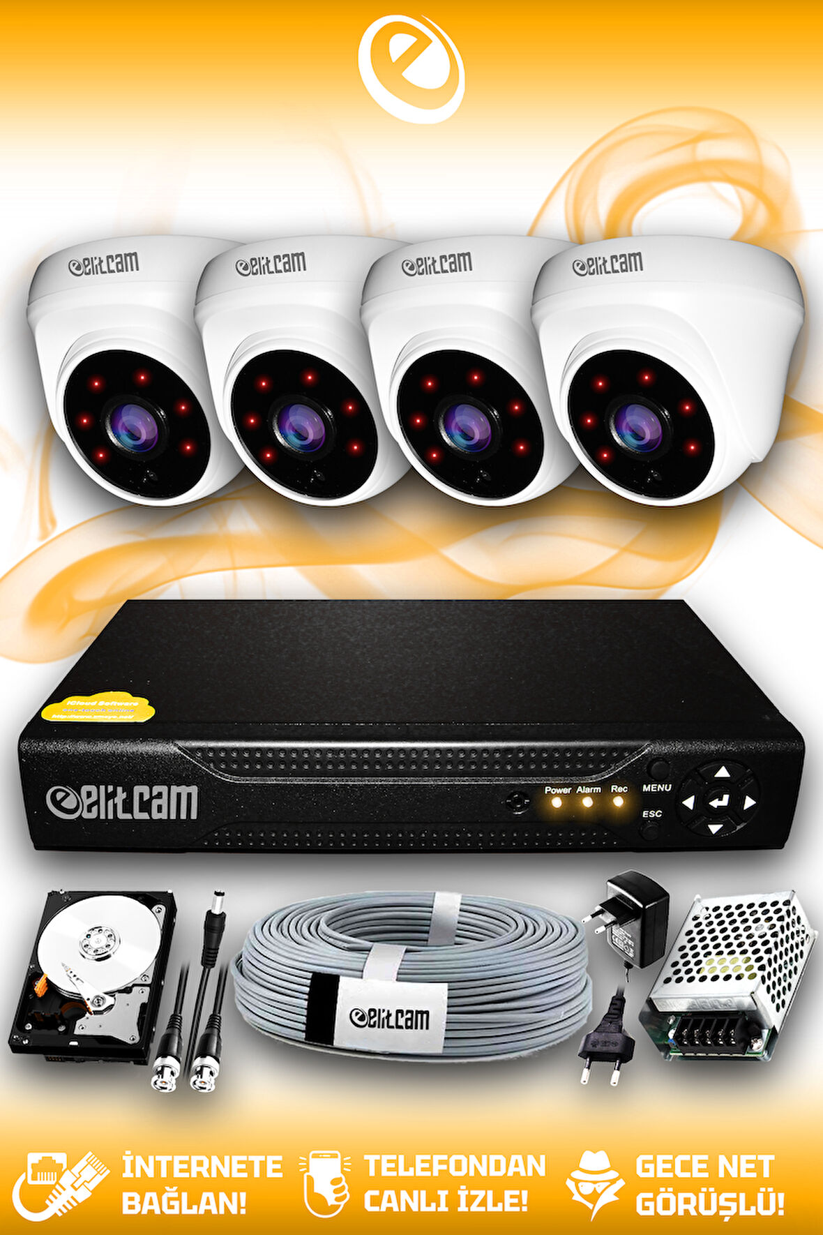 ELITCAM 4 Kameralı Dome 4 İç Kamera Set 250 GB HDD Full HD Gece Görüşlü Güvenlik Kamerası Sistemi