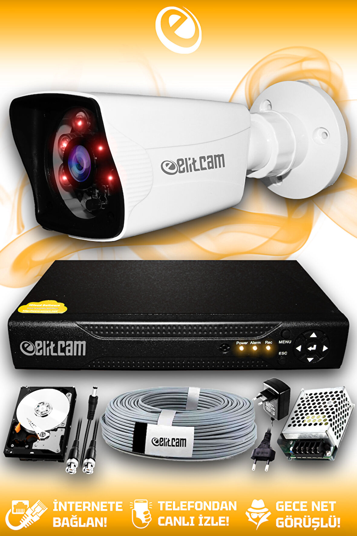 ELITCAM 1 Kameralı Kare 1 Dış Kamera Set 2 TB HDD Full HD Gece Görüşlü Güvenlik Kamerası Sistemi