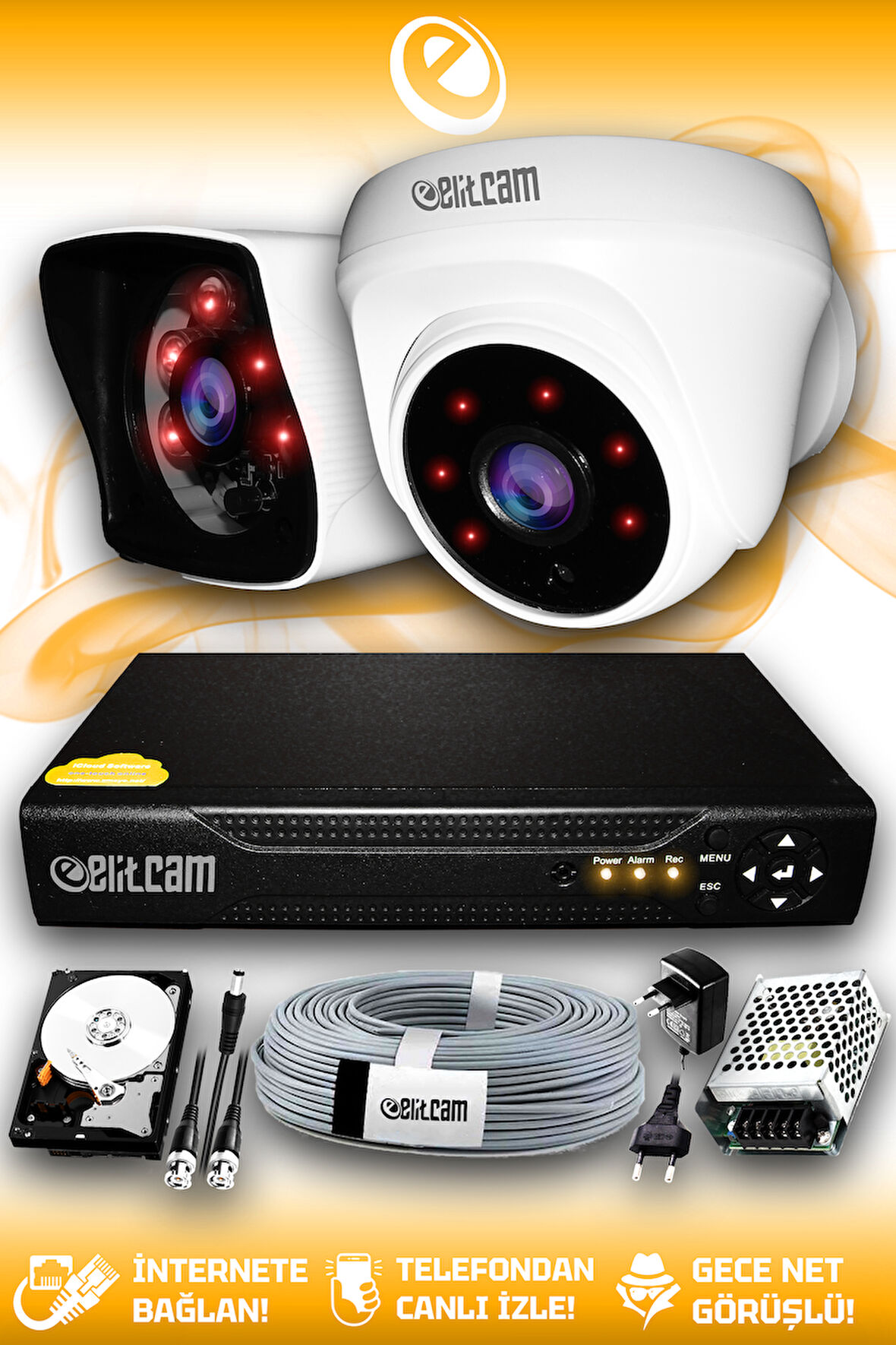 ELITCAM 2 Kameralı Kare 1 İç Kamera Set 1 TB HDD Full HD Gece Görüşlü Güvenlik Kamerası Sistemi