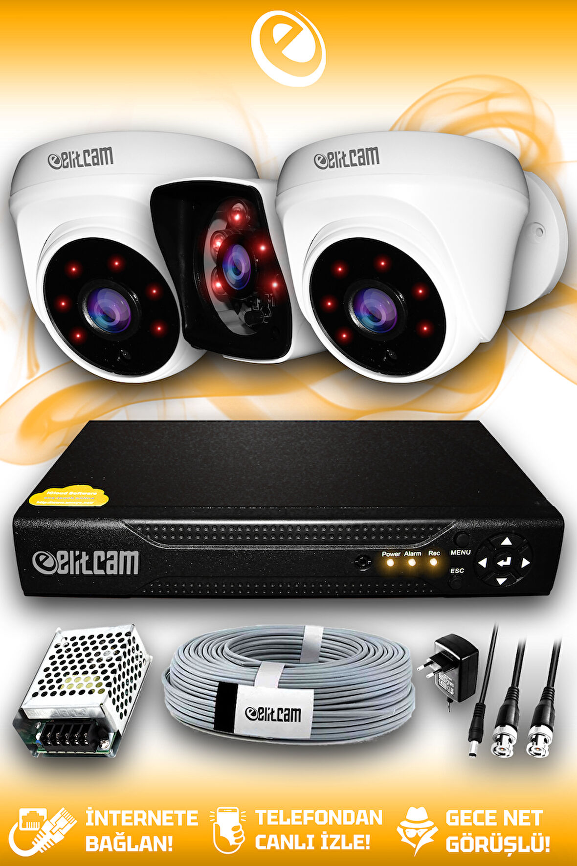 ELITCAM 3 Kameralı Kare 2 İç Kamera Set HDD'siz Full HD Gece Görüşlü Güvenlik Kamerası Sistemi