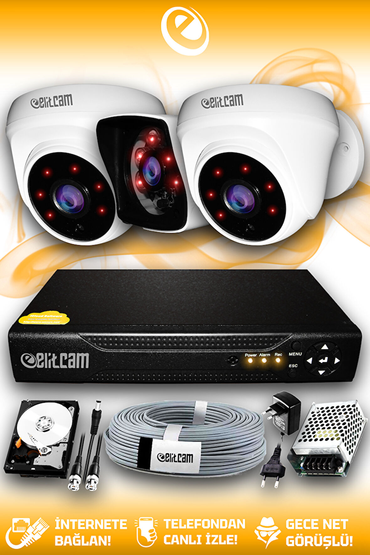 ELITCAM 3 Kameralı Kare 2 İç Kamera Set 1 TB HDD Full HD Gece Görüşlü Güvenlik Kamerası Sistemi