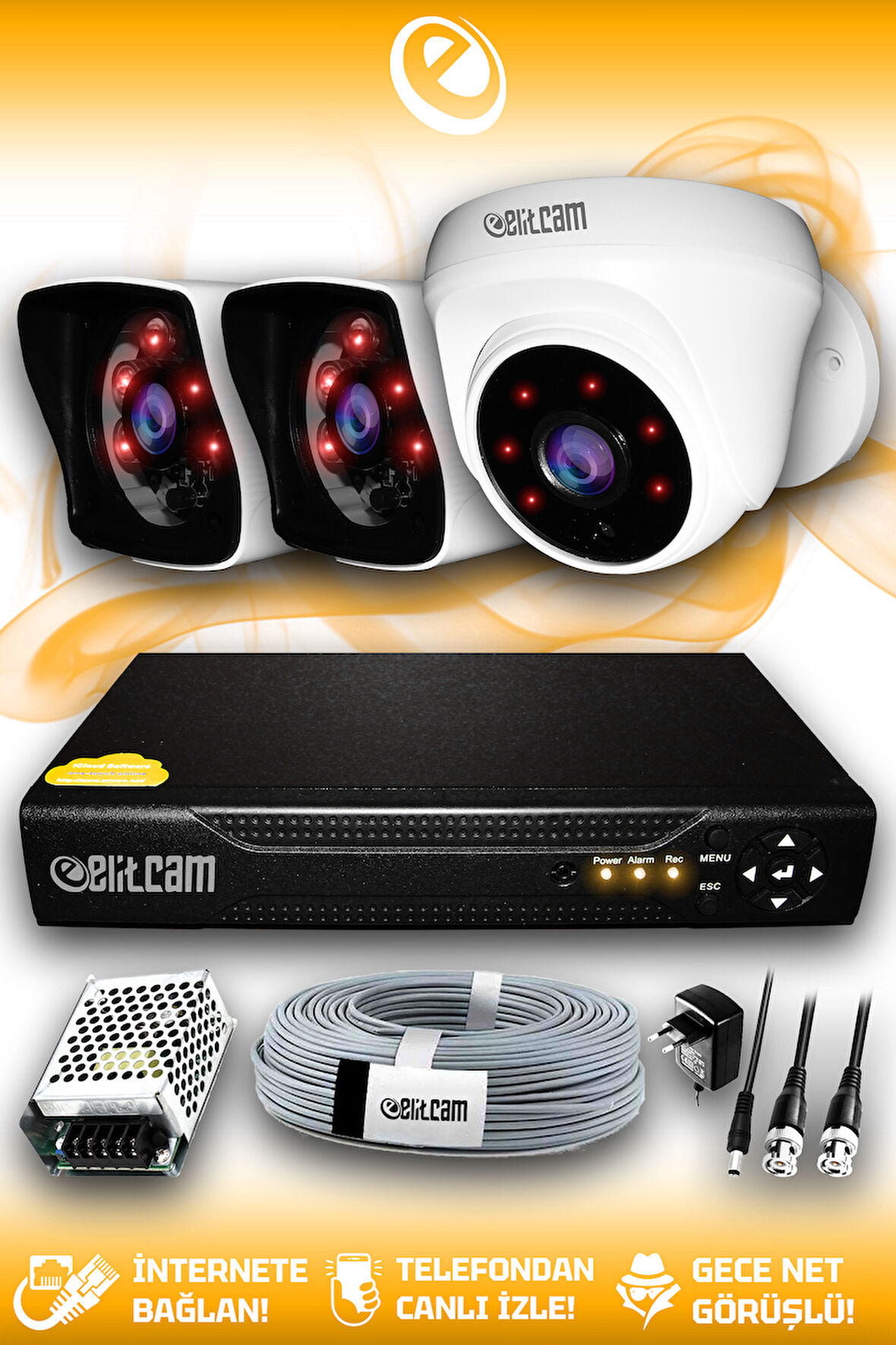 ELITCAM 3 Kameralı Kare 1 İç Kamera Set HDD'siz Full HD Gece Görüşlü Güvenlik Kamerası Sistemi