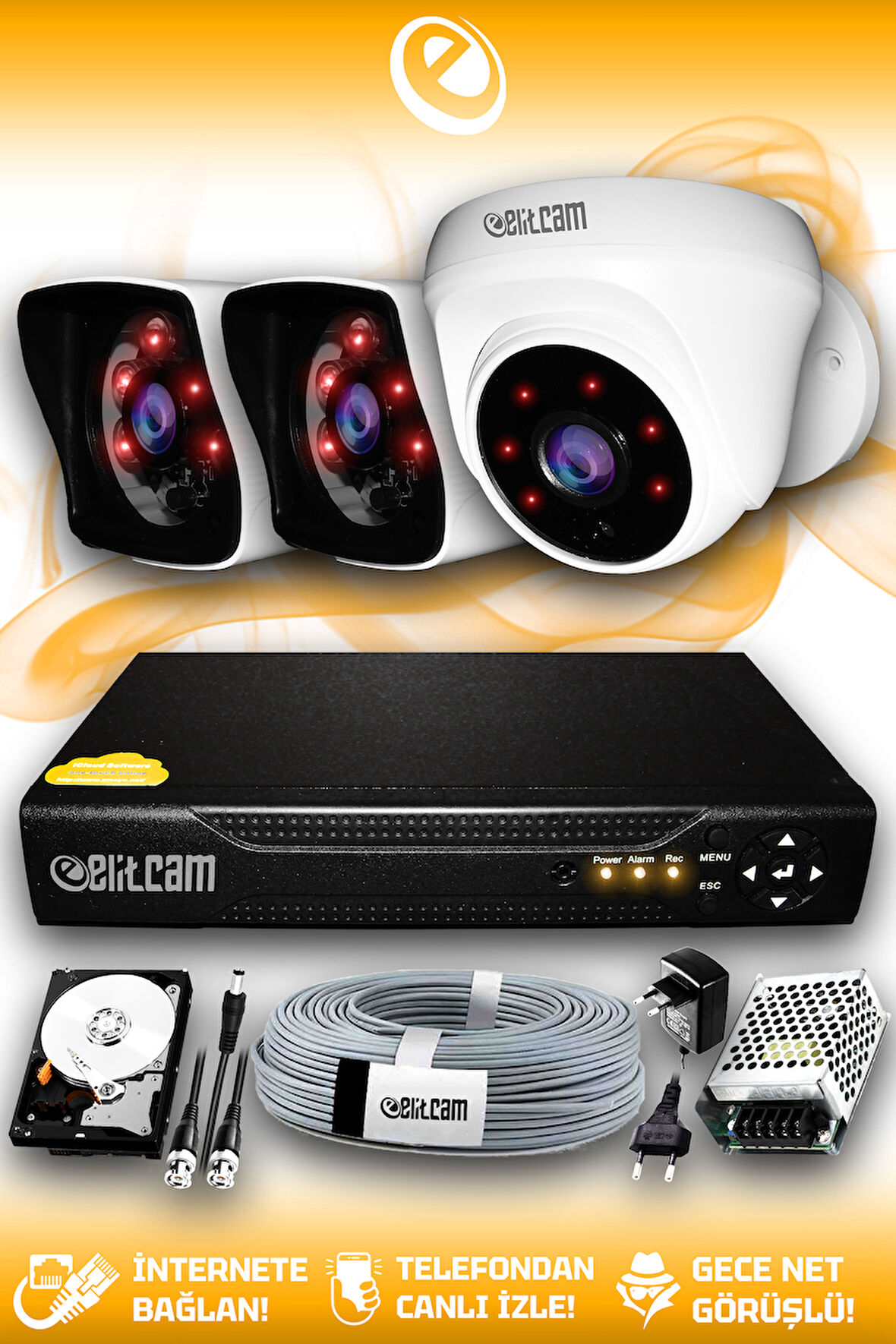 ELITCAM 3 Kameralı Kare 1 İç Kamera Set 1 TB HDD Full HD Gece Görüşlü Güvenlik Kamerası Sistemi