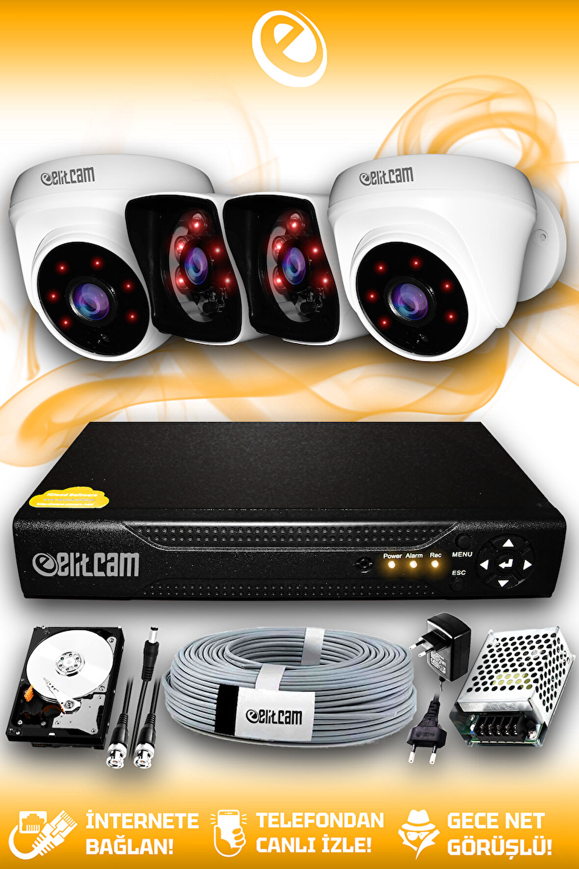 ELITCAM 4 Kameralı Kare 2 İç Kamera Set 1 TB HDD Full HD Gece Görüşlü Güvenlik Kamerası Sistemi
