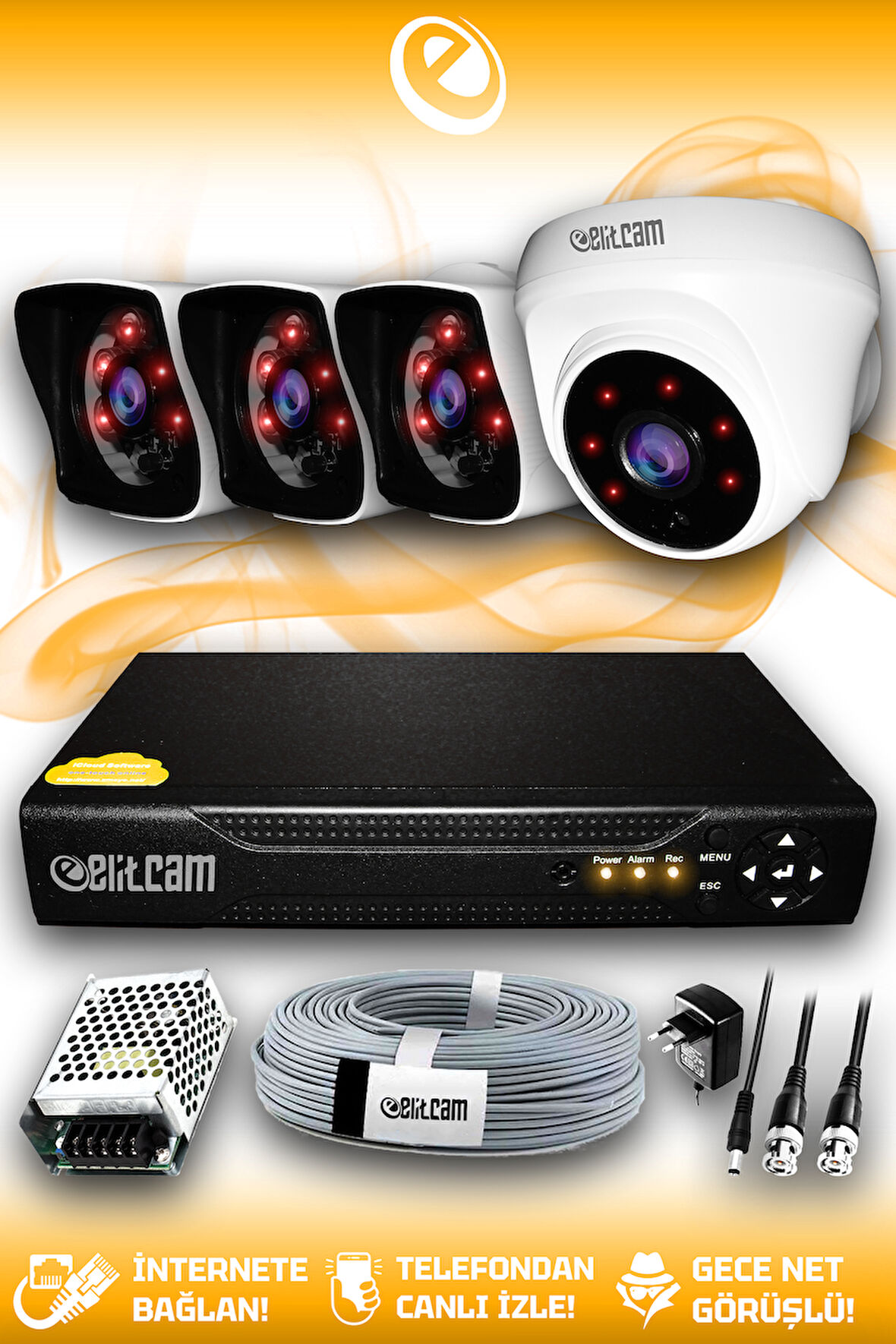 ELITCAM 4 Kameralı Kare 1 İç Kamera Set HDD'siz Full HD Gece Görüşlü Güvenlik Kamerası Sistemi