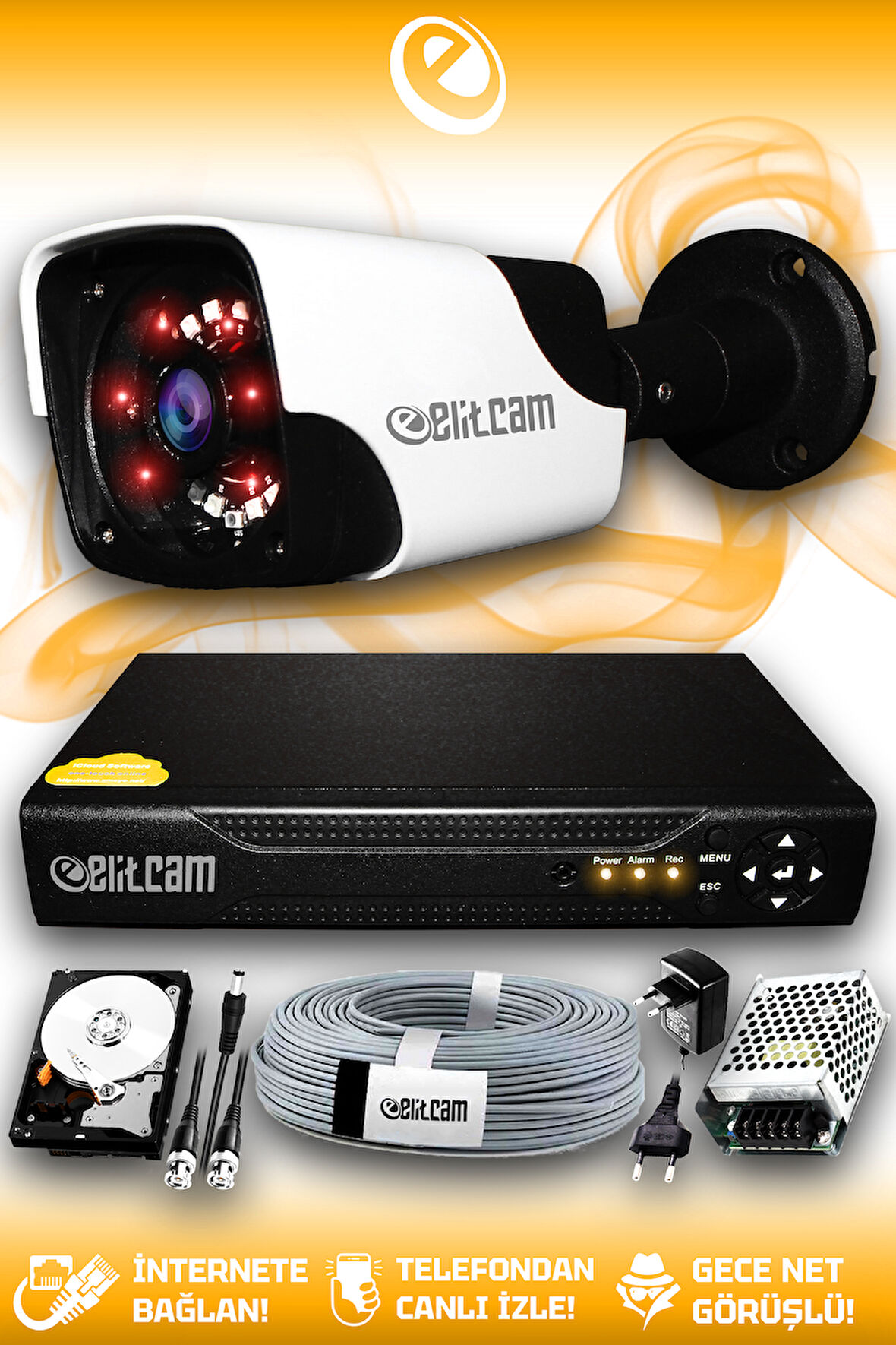 ELITCAM 1 Kameralı Panda 1 Dış Kamera Set 500 GB HDD Full HD Gece Görüşlü Güvenlik Kamerası Sistemi