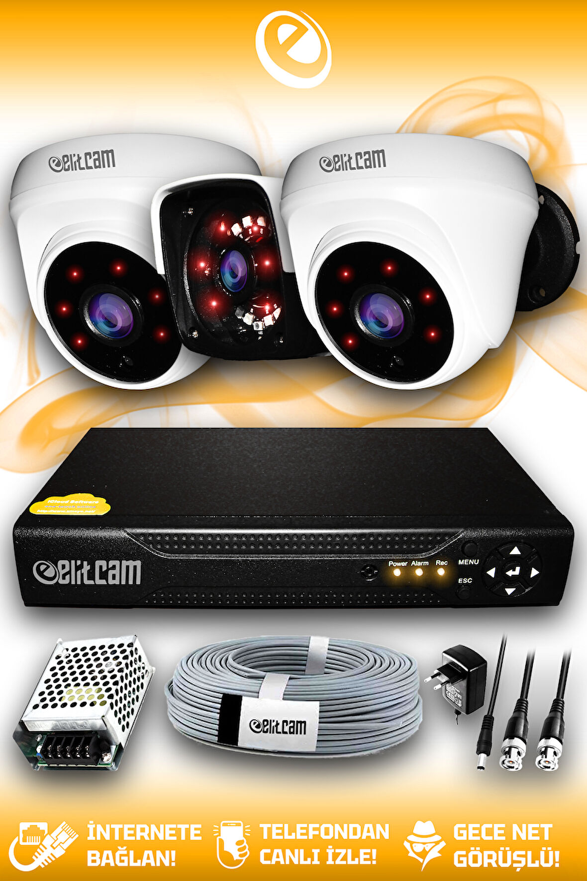 ELITCAM 3 Kameralı Panda 2 İç Kamera Set HDD'siz Full HD Gece Görüşlü Güvenlik Kamerası Sistemi