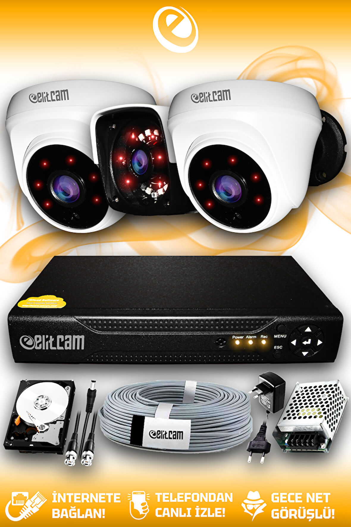 ELITCAM 3 Kameralı Panda 2 İç Kamera Set 100 GB HDD Full HD Gece Görüşlü Güvenlik Kamerası Sistemi