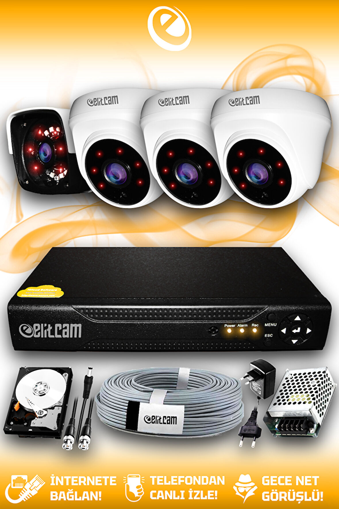 ELITCAM 4 Kameralı Panda 3 İç Kamera Set 1 TB HDD Full HD Gece Görüşlü Güvenlik Kamerası Sistemi