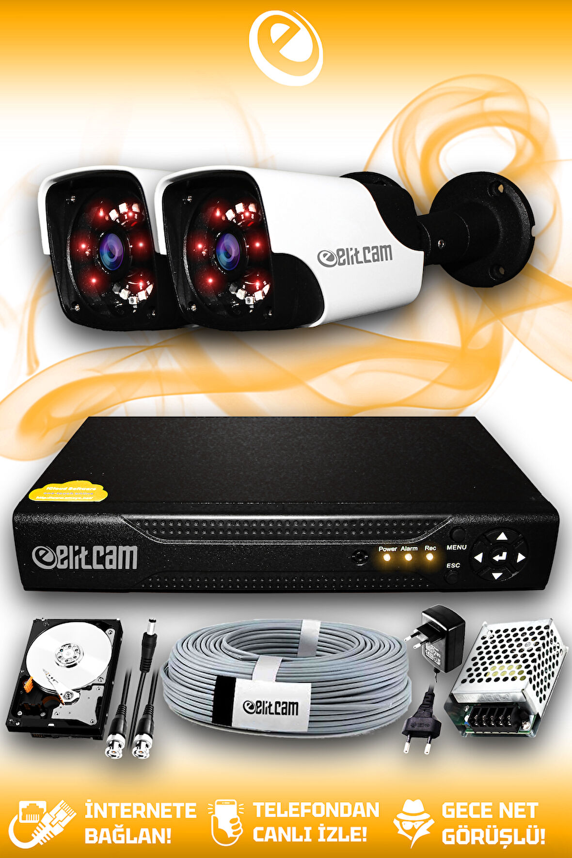 ELITCAM 2 Kameralı Panda 2 Dış Kamera Set 250 GB HDD Full HD Gece Görüşlü Güvenlik Kamerası Sistemi