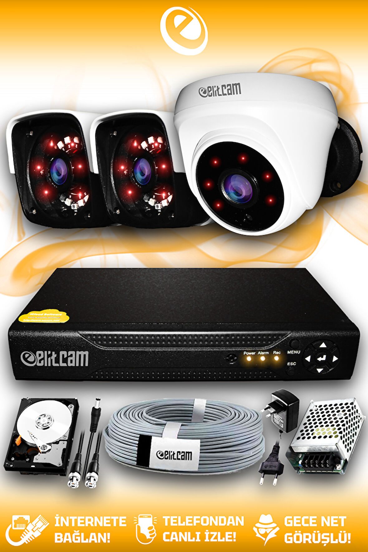 ELITCAM 3 Kameralı Panda 1 İç Kamera Set 250 GB HDD Full HD Gece Görüşlü Güvenlik Kamerası Sistemi
