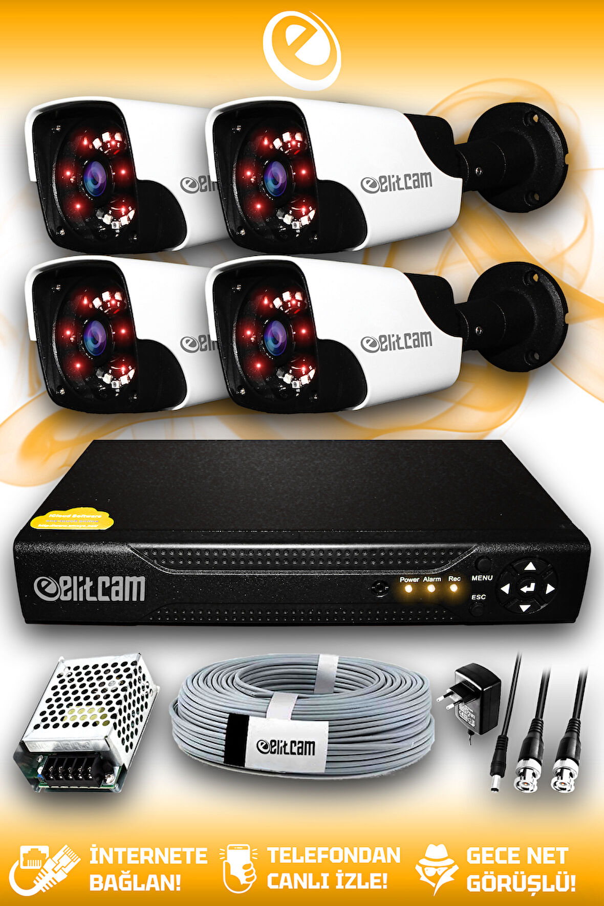 ELITCAM 4 Kameralı Panda 4 Dış Kamera Set HDD'siz Full HD Gece Görüşlü Güvenlik Kamerası Sistemi