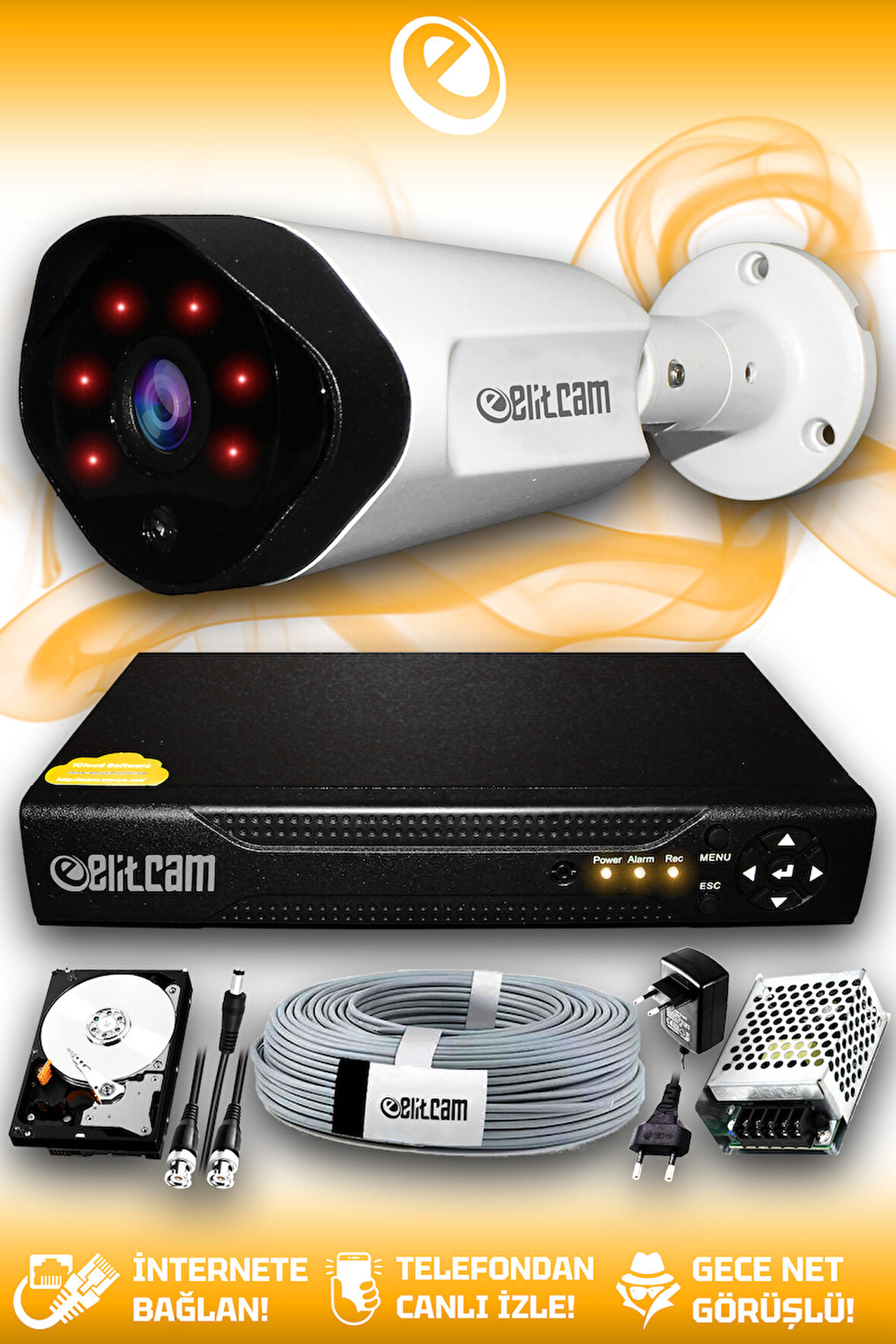 ELITCAM 1 Kameralı Uzay 1 Dış Kamera Set 320 GB HDD Full HD Gece Görüşlü Güvenlik Kamerası Sistemi