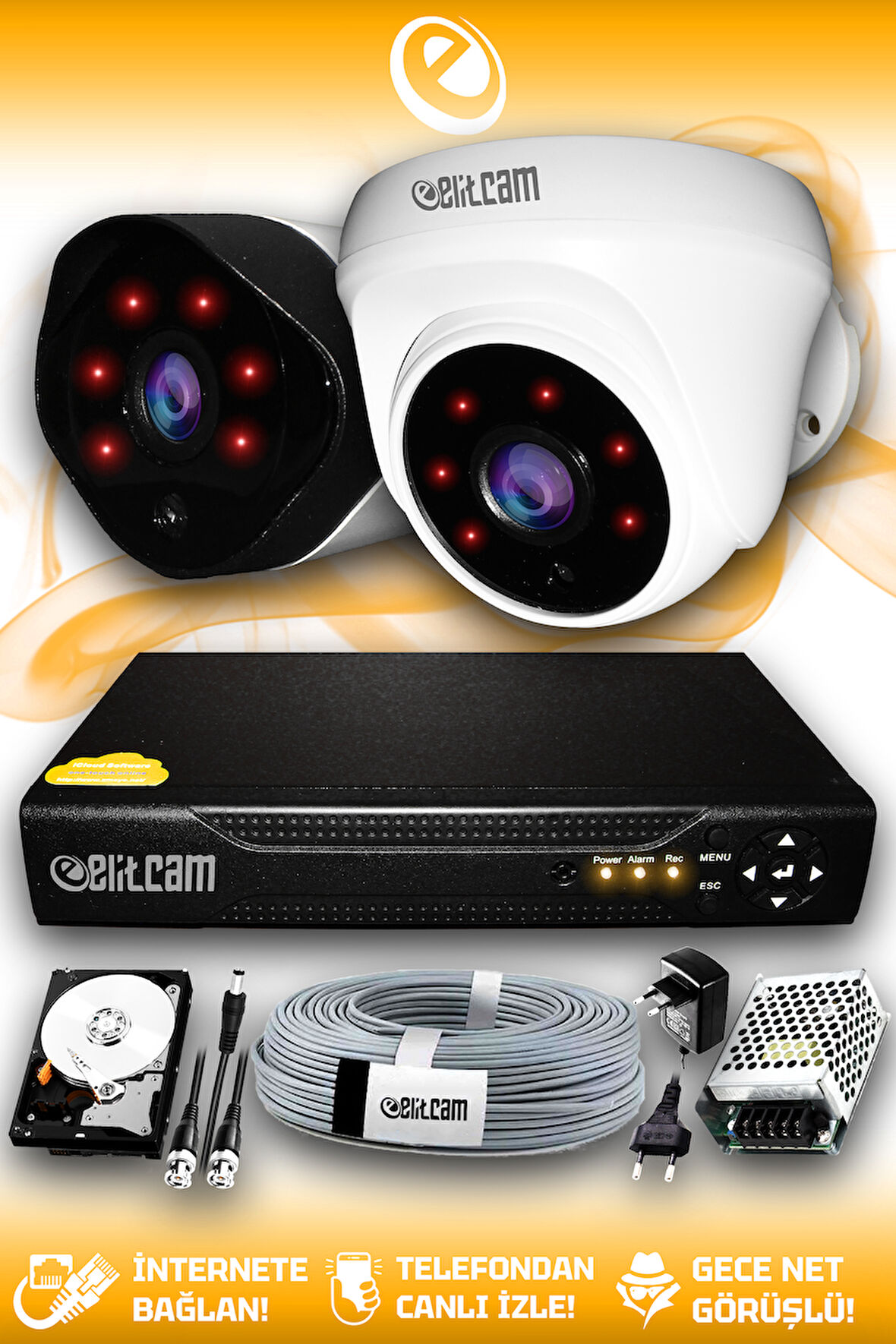 ELITCAM 2 Kameralı Uzay 1 İç Kamera Set 100 GB HDD Full HD Gece Görüşlü Güvenlik Kamerası Sistemi