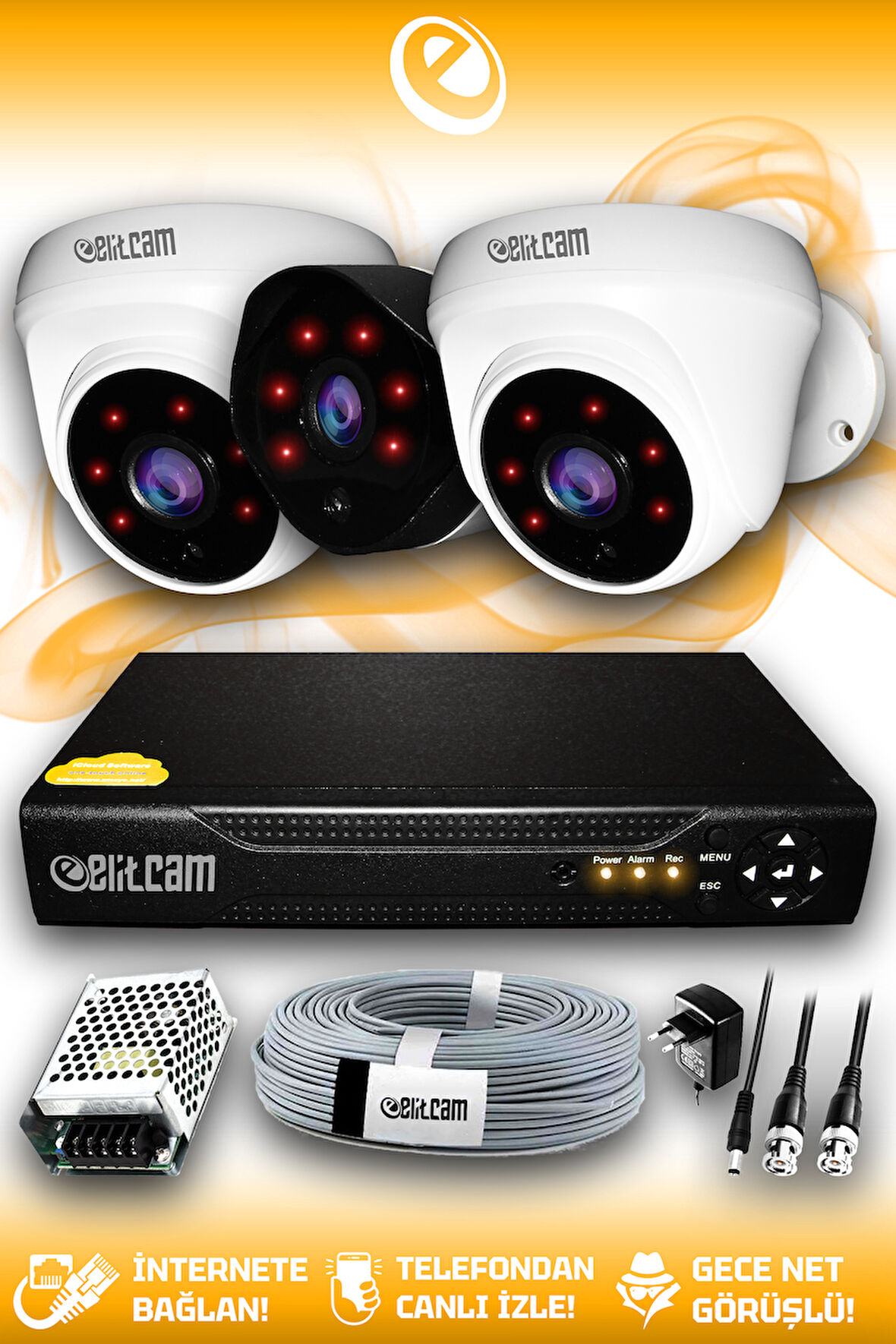 ELITCAM 3 Kameralı Uzay 2 İç Kamera Set HDD'siz Full HD Gece Görüşlü Güvenlik Kamerası Sistemi