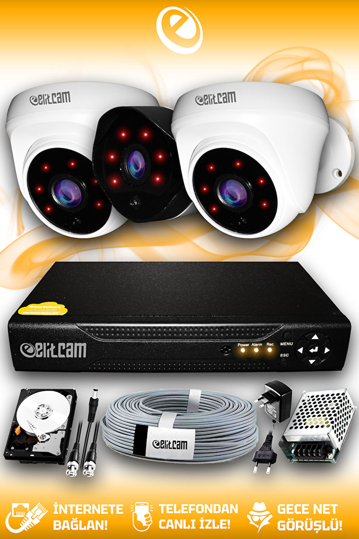 ELITCAM 3 Kameralı Uzay 2 İç Kamera Set 1 TB HDD Full HD Gece Görüşlü Güvenlik Kamerası Sistemi