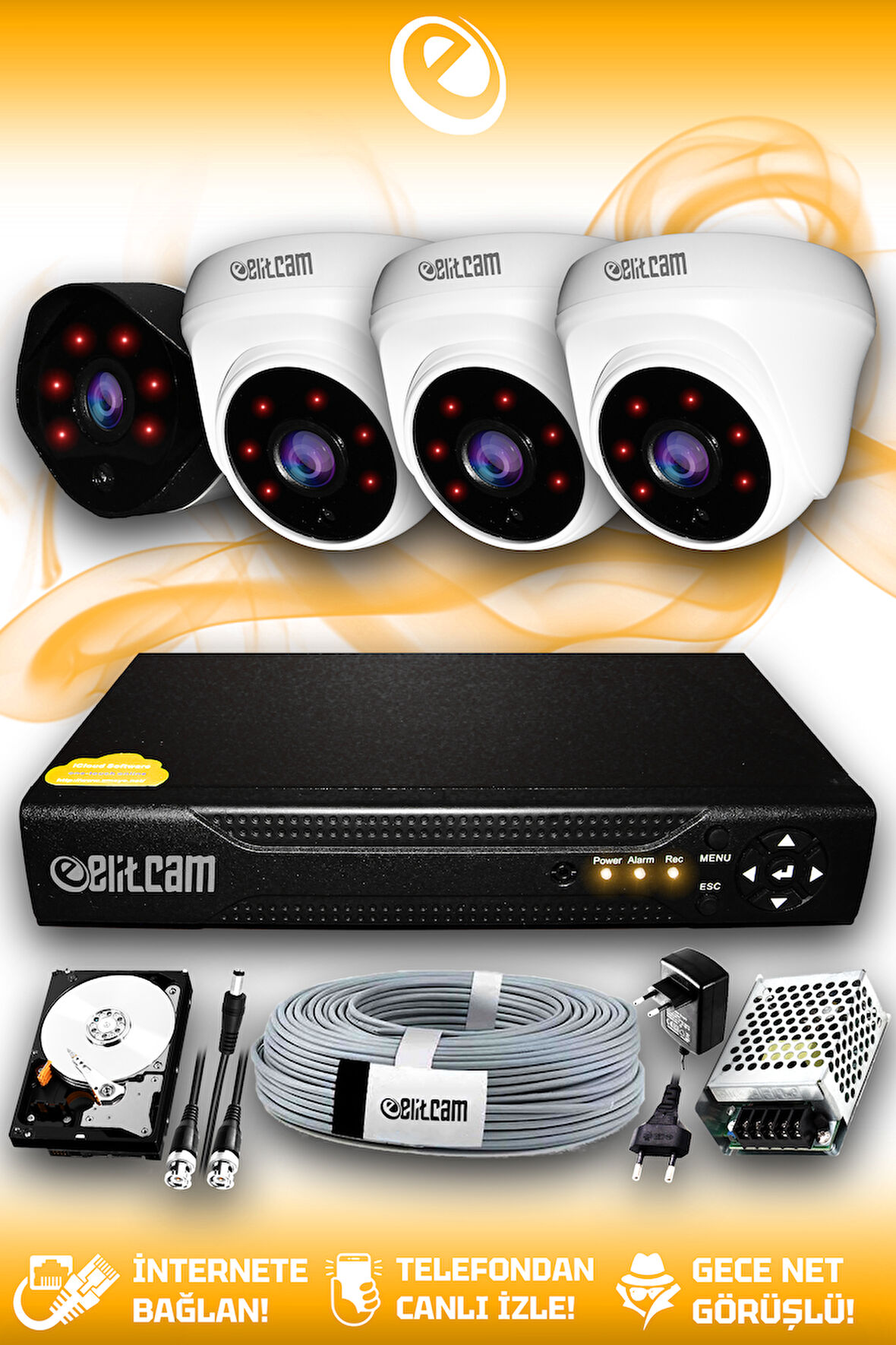 ELITCAM 4 Kameralı Uzay 3 İç Kamera Set 250 GB HDD Full HD Gece Görüşlü Güvenlik Kamerası Sistemi