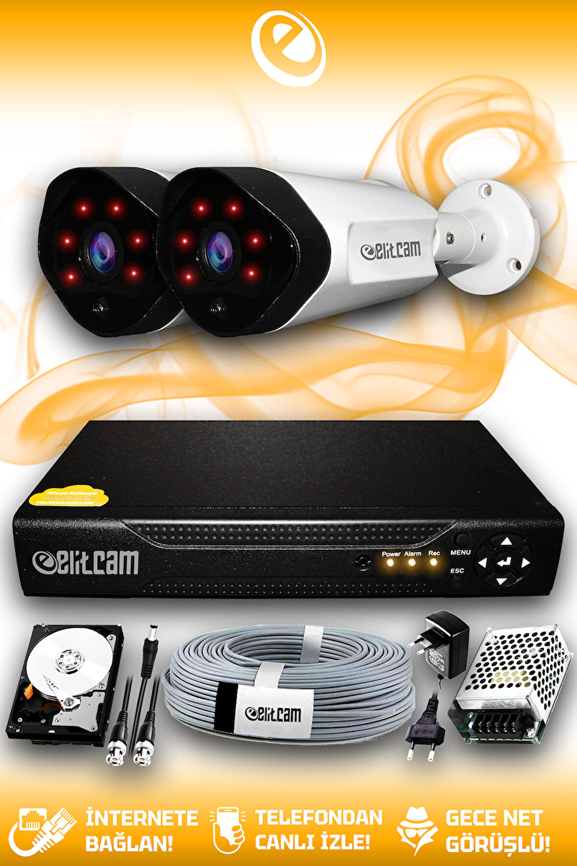 ELITCAM 2 Kameralı Uzay 2 Dış Kamera Set 100 GB HDD Full HD Gece Görüşlü Güvenlik Kamerası Sistemi