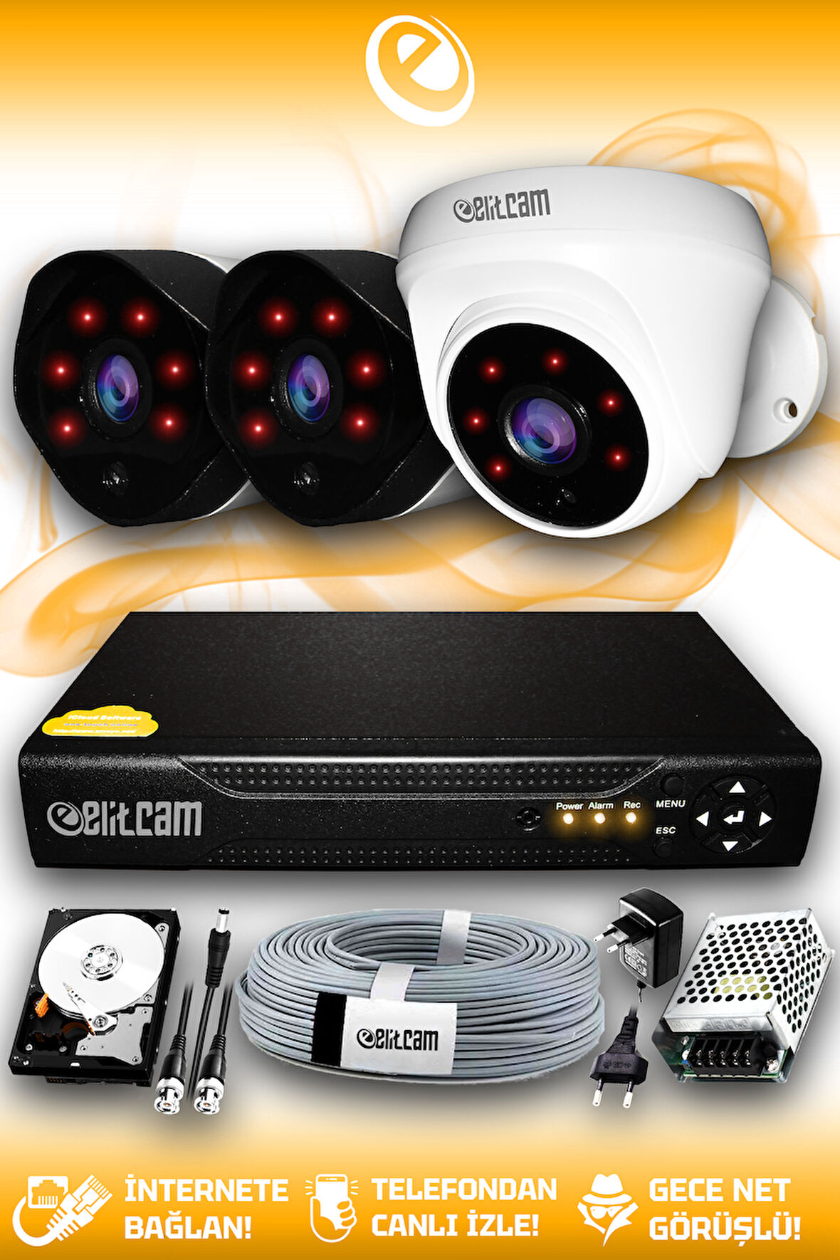 ELITCAM 3 Kameralı Uzay 1 İç Kamera Set 2 TB HDD Full HD Gece Görüşlü Güvenlik Kamerası Sistemi