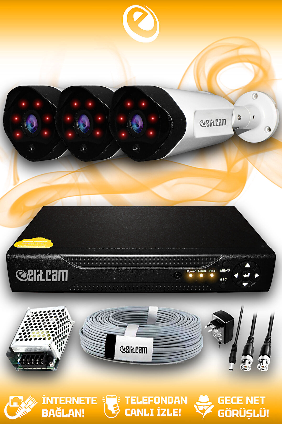 ELITCAM 3 Kameralı Uzay 3 Dış Kamera Set HDD'siz Full HD Gece Görüşlü Güvenlik Kamerası Sistemi