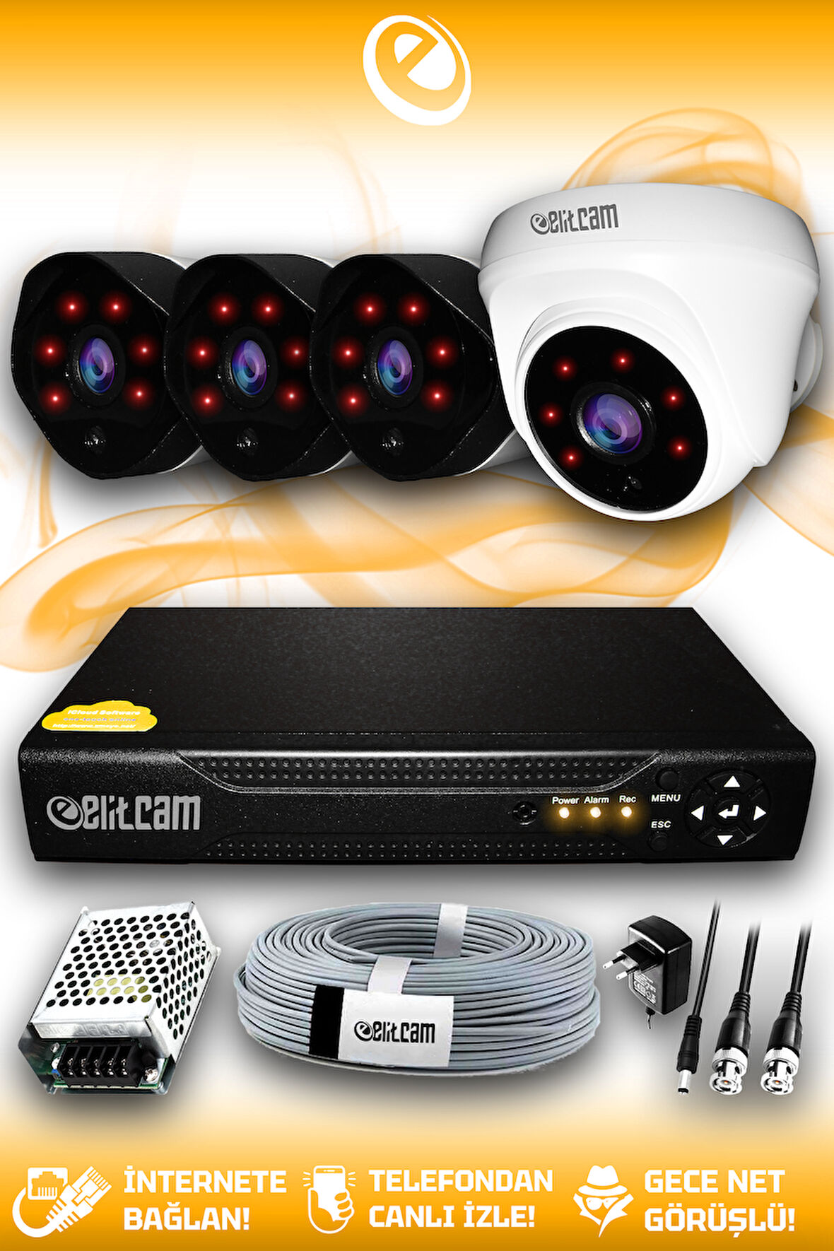 ELITCAM 4 Kameralı Uzay 1 İç Kamera Set HDD'siz Full HD Gece Görüşlü Güvenlik Kamerası Sistemi