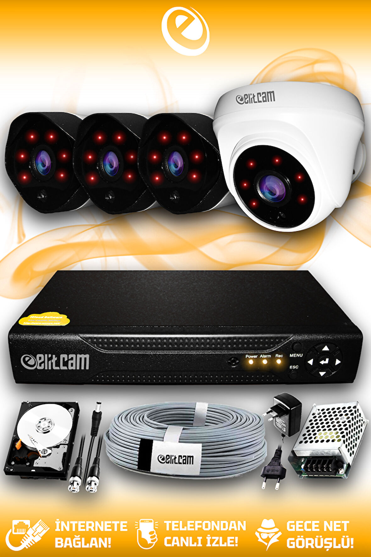 ELITCAM 4 Kameralı Uzay 1 İç Kamera Set 100 GB HDD Full HD Gece Görüşlü Güvenlik Kamerası Sistemi