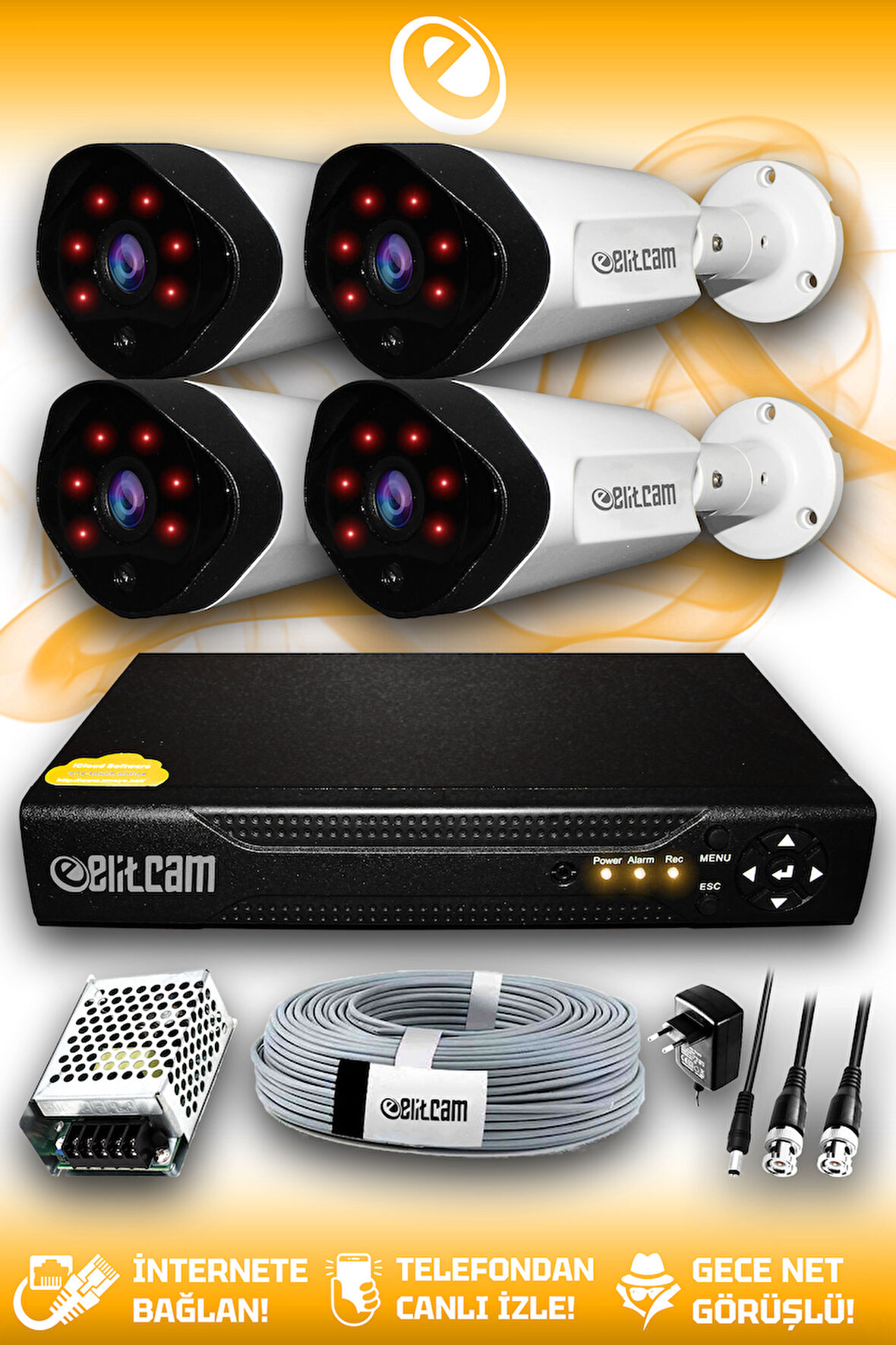 ELITCAM 4 Kameralı Uzay 4 Dış Kamera Set HDD'siz Full HD Gece Görüşlü Güvenlik Kamerası Sistemi