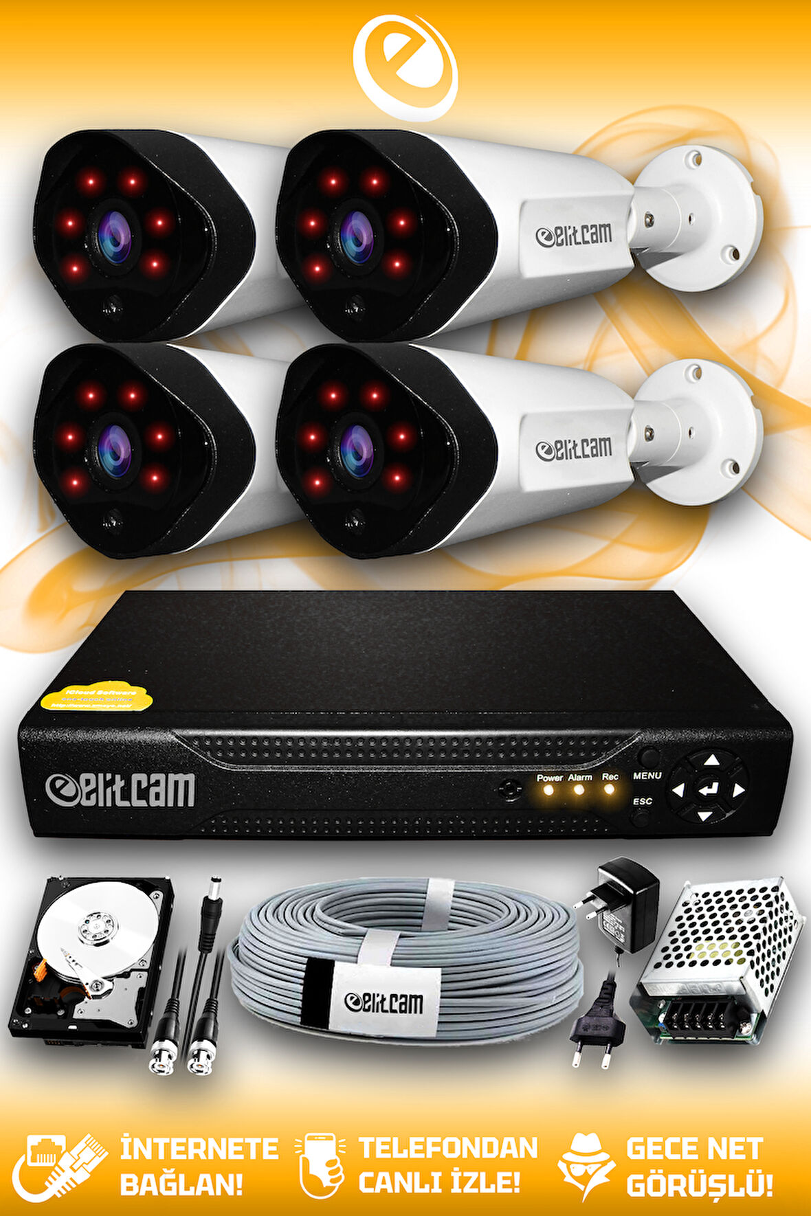 ELITCAM 4 Kameralı Uzay 4 Dış Kamera Set 100 GB HDD Full HD Gece Görüşlü Güvenlik Kamerası Sistemi