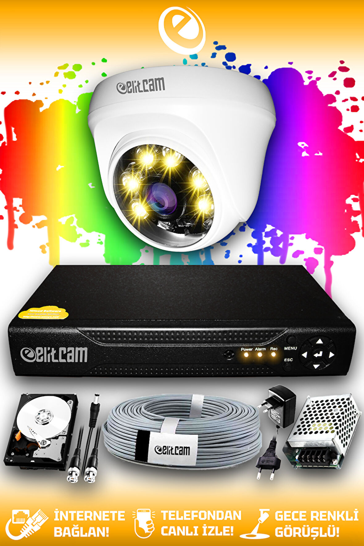 ELITCAM 1 Kameralı Dome 1 İç Kamera Set 2 TB HDD Full HD Renkli Gece Görüşlü Güvenlik Kamerası Sistemi
