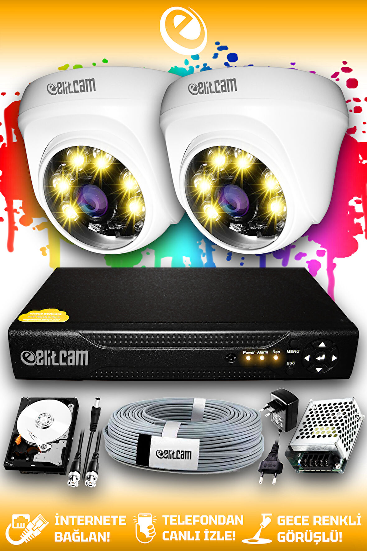 ELITCAM 2 Kameralı Dome 2 İç Kamera Set 500 GB HDD Full HD Renkli Gece Görüşlü Güvenlik Kamerası Sistemi
